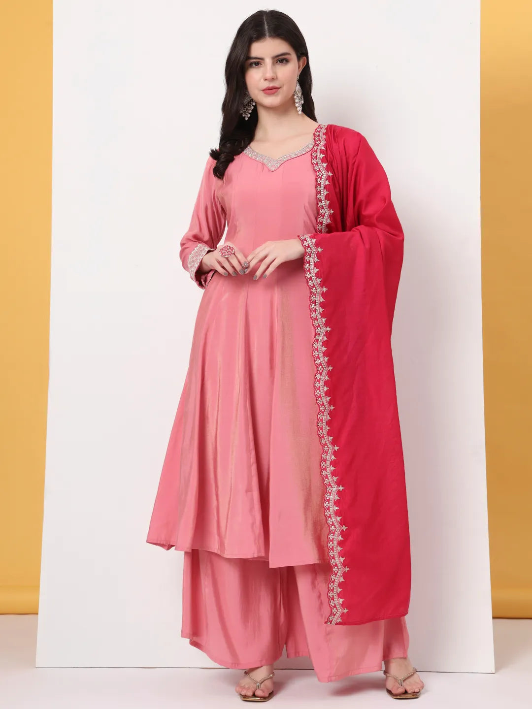 Yufta Silk Pink A Line Kurta Dupatta Palazzo Set
