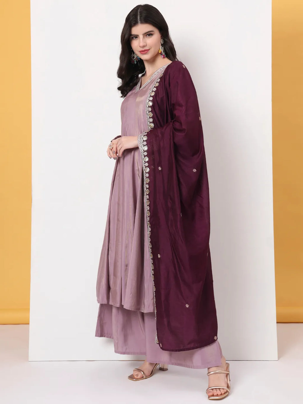 Yufta Silk Purple Anarkali Kurta Dupatta Palazzo Set