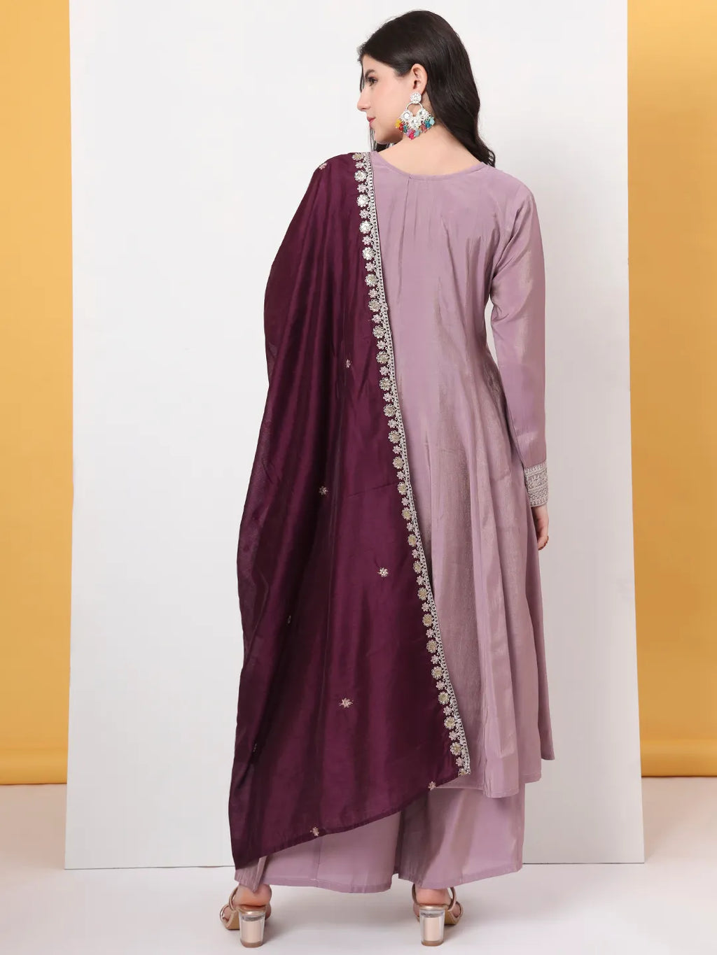 Yufta Silk Purple Anarkali Kurta Dupatta Palazzo Set