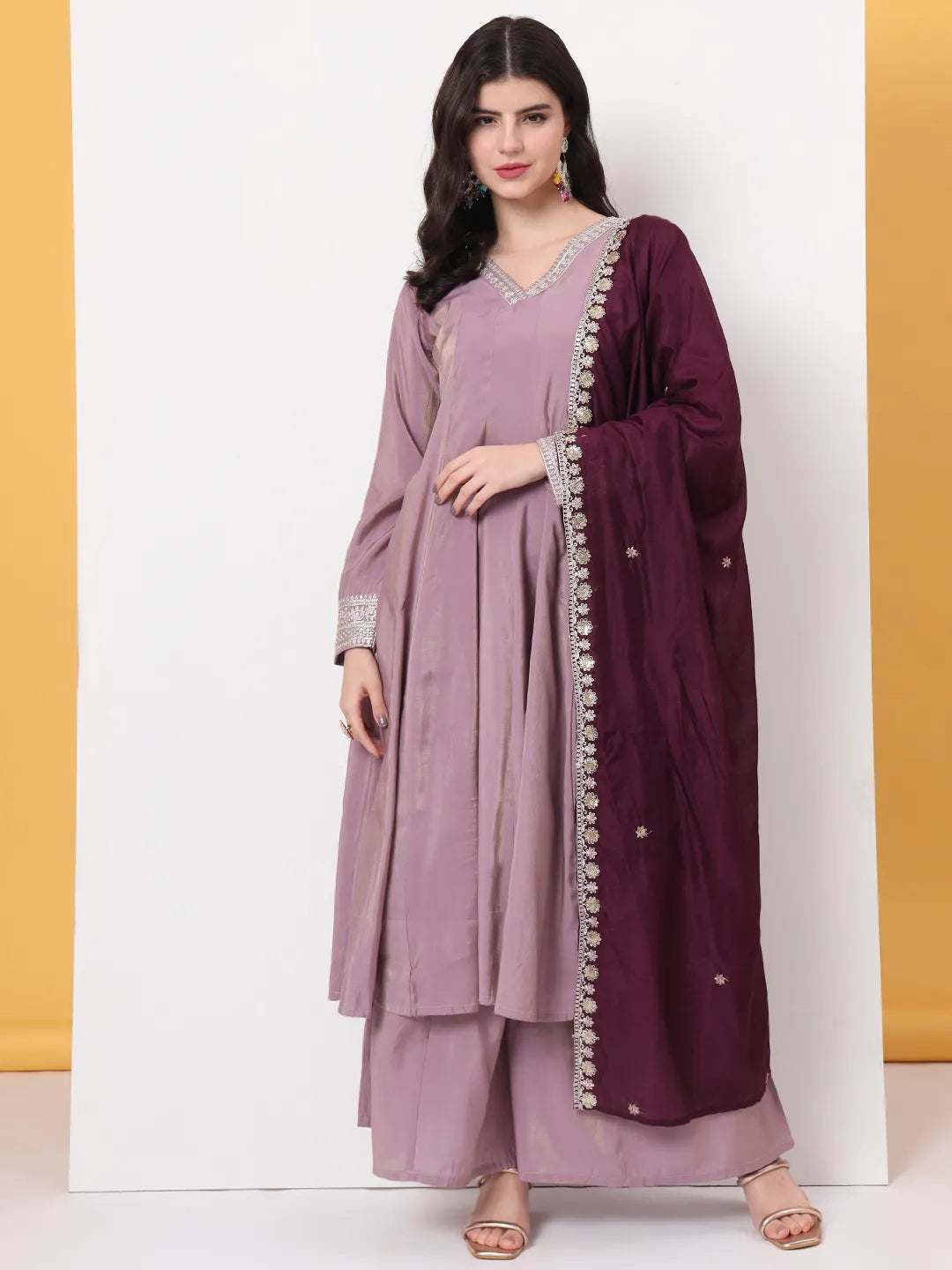 Yufta Silk Purple Anarkali Kurta Dupatta Palazzo Set