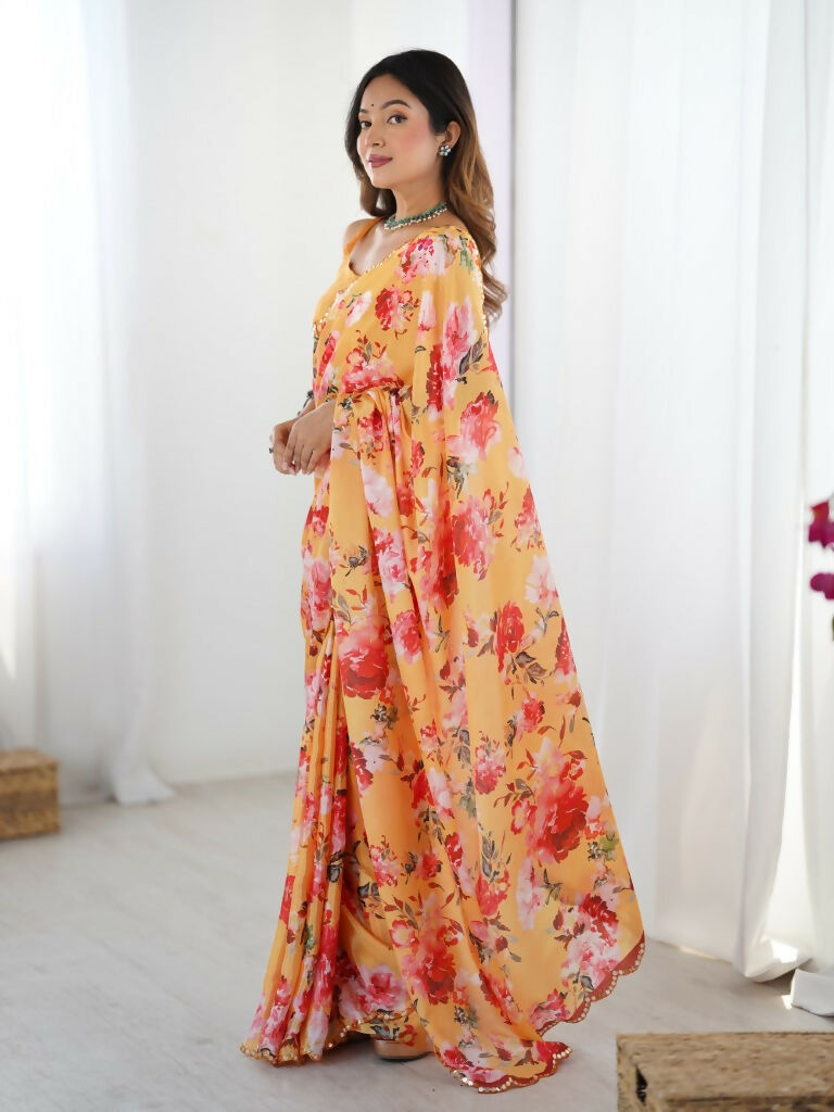 Orange Chinon Designer Digital Printed,Mirror Cut Work Saree - Elayna