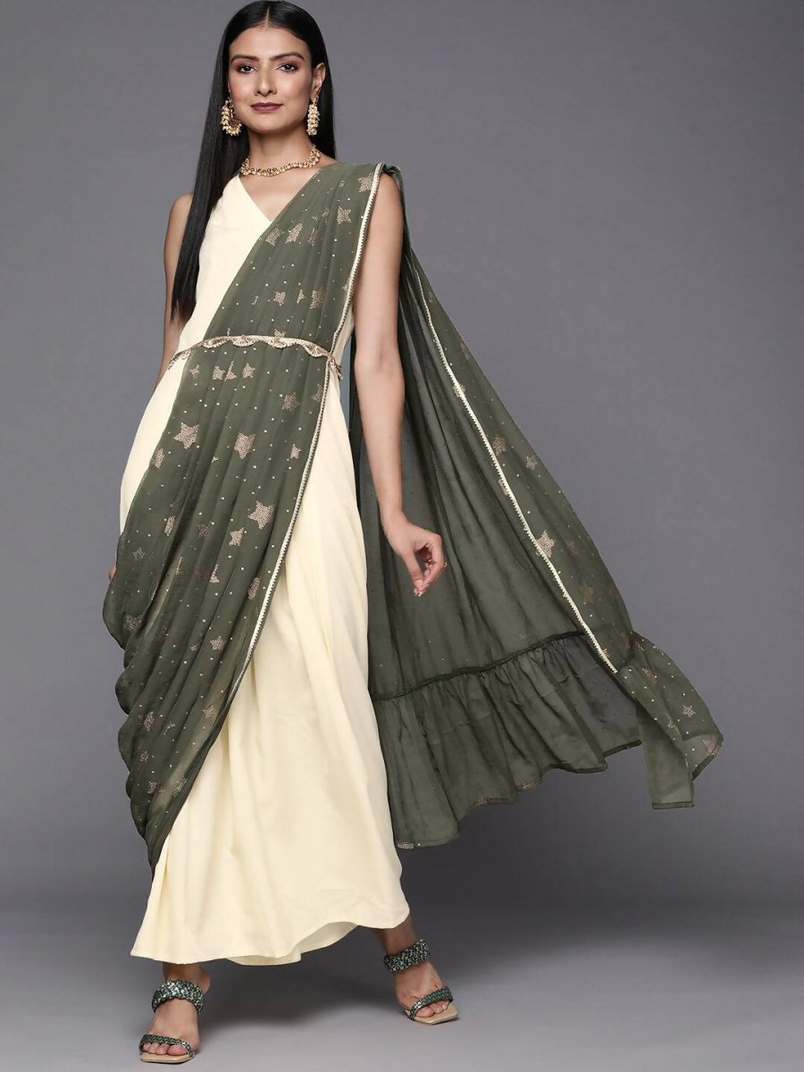Ahalyaa Off White & Olive Green Ethnic Maxi Dress with Attached Dupatta