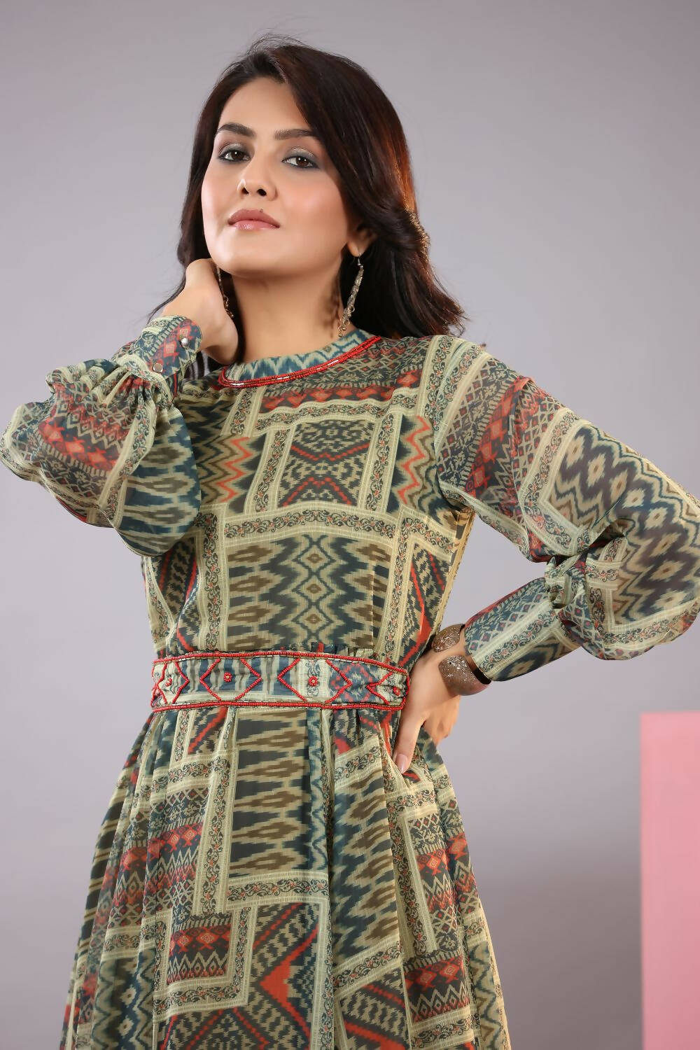 Juniper Women Green Chiffon Printed Maxi Dress
