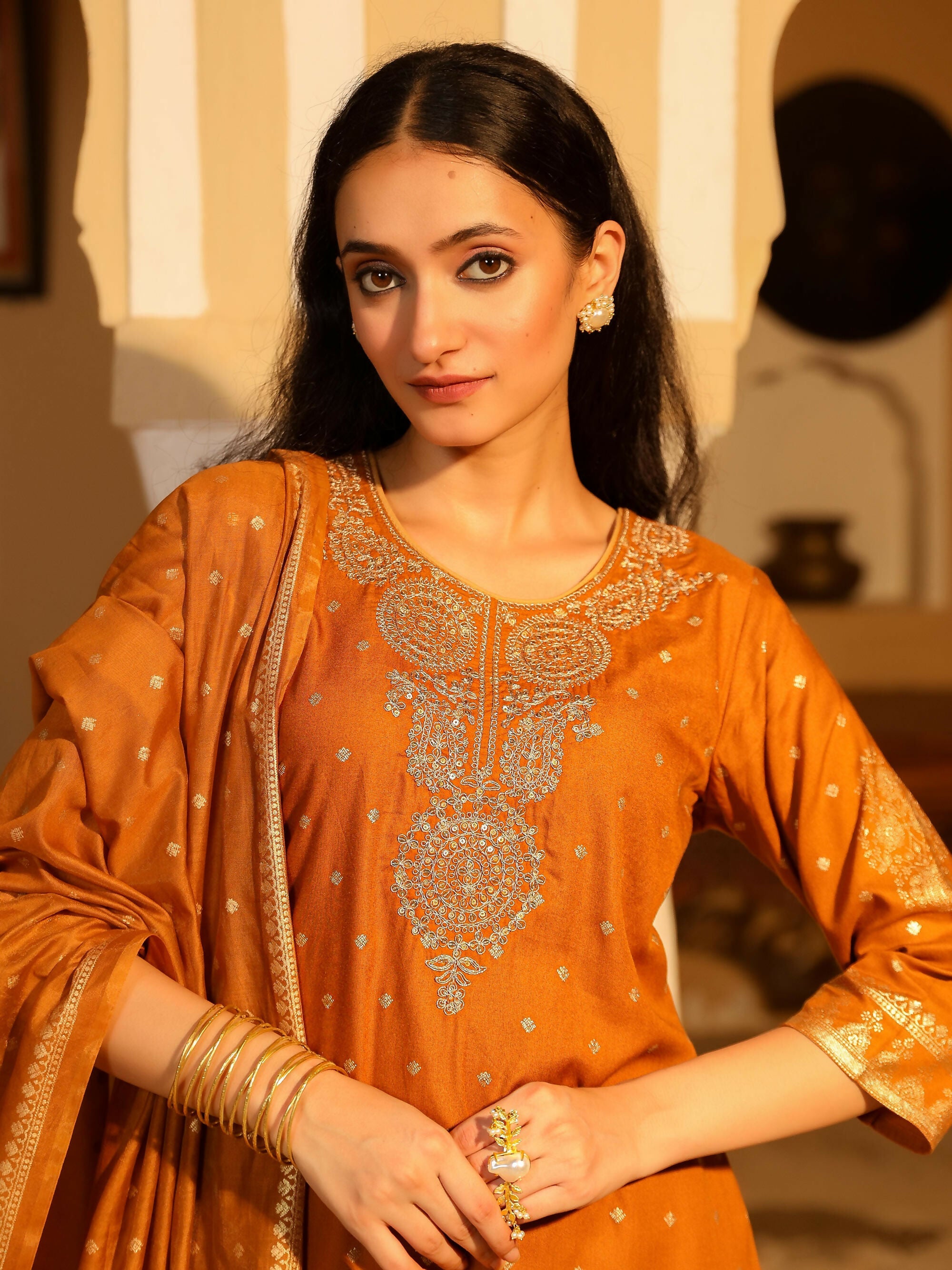 Juniper Women's The Swarn Mustard Ethnic Motif Printed Rayon Kurta Pant And Dupatta With Zari Work & Sequins