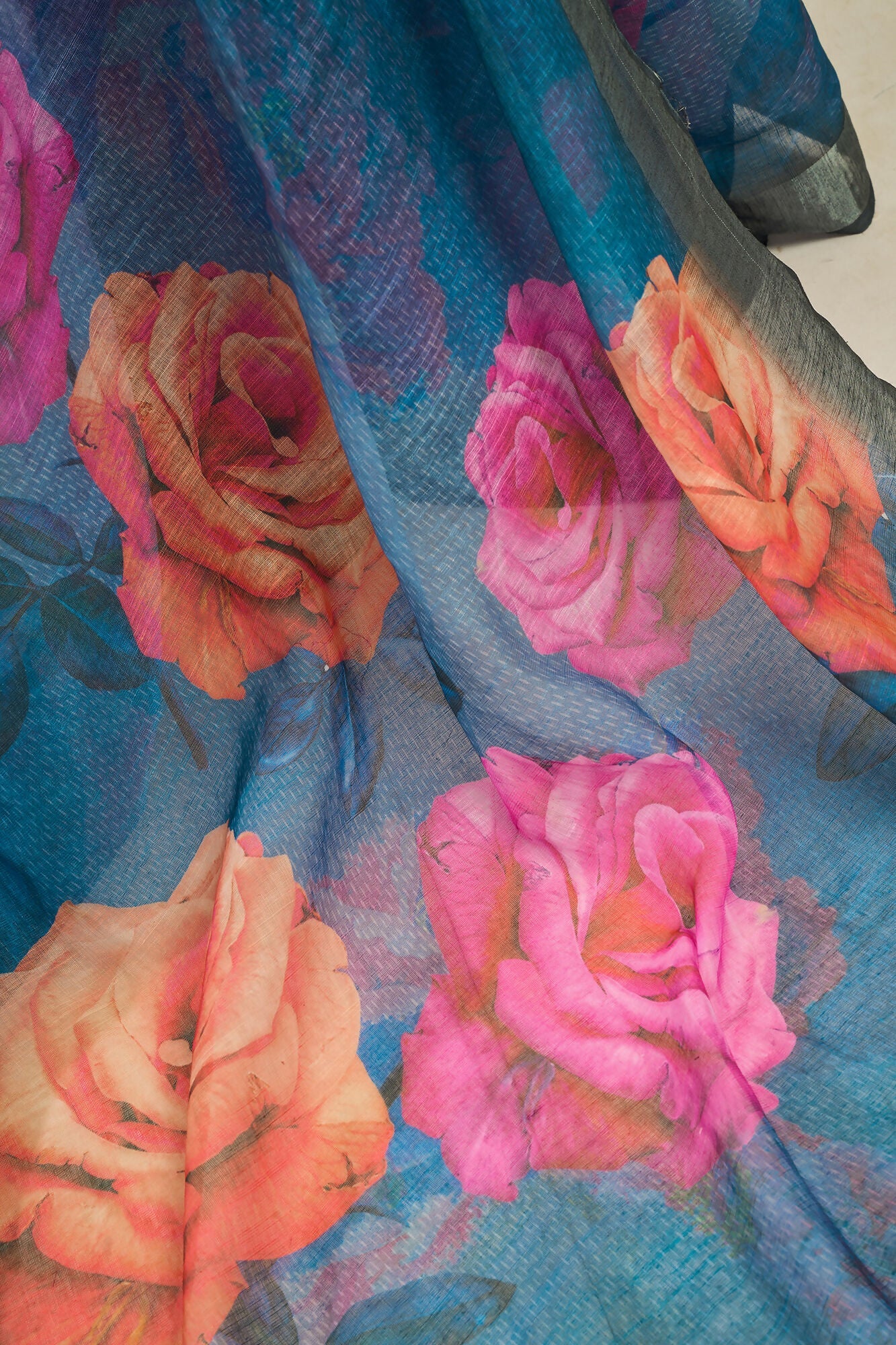 Vastranavya Teal Digital Printed Linen Ready To Wear Designer Saree with Unstitched Blouse