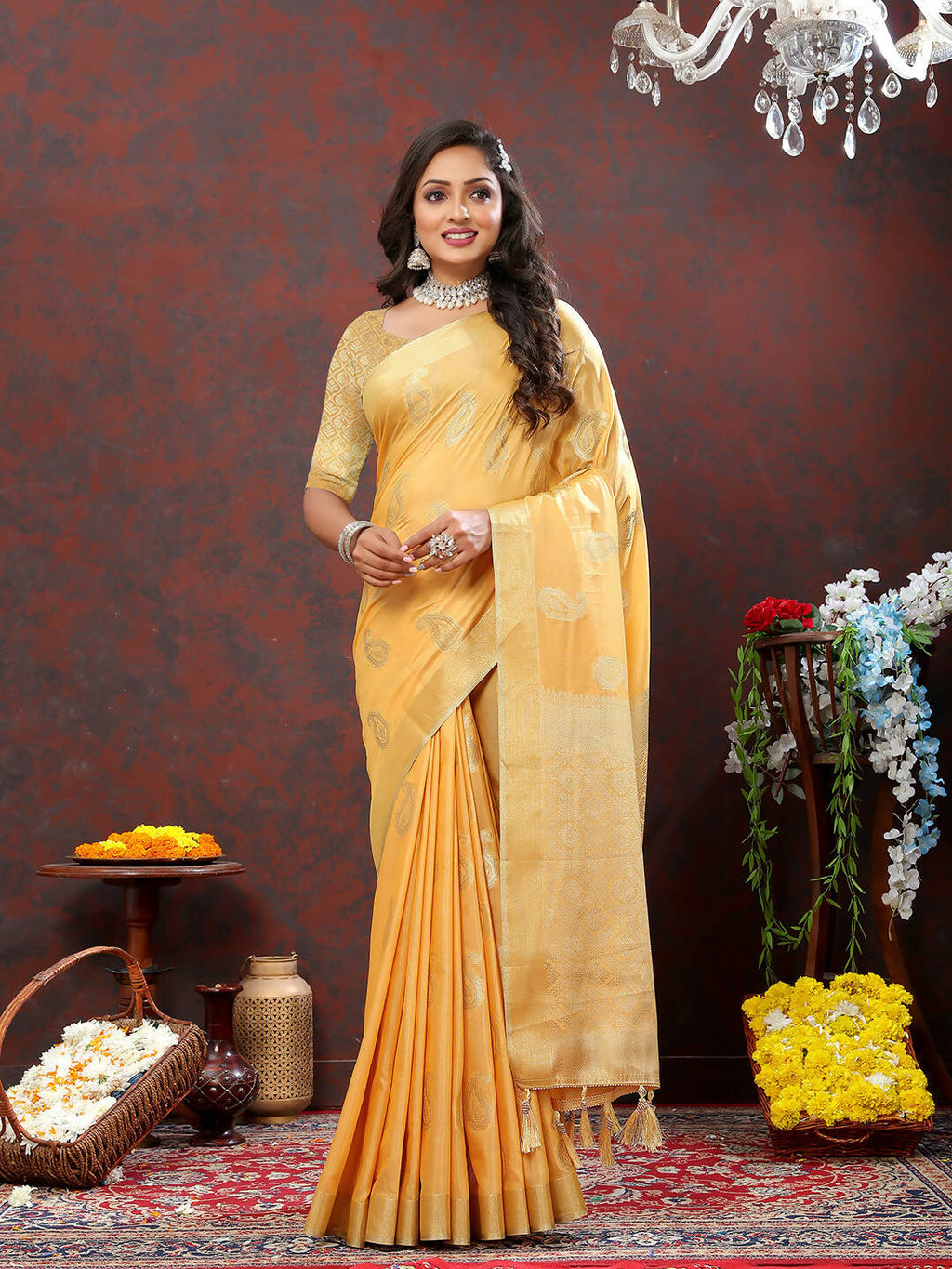Lorenvalley Fashion Gold Cotton Woven Design with Zari Weaving Design Saree