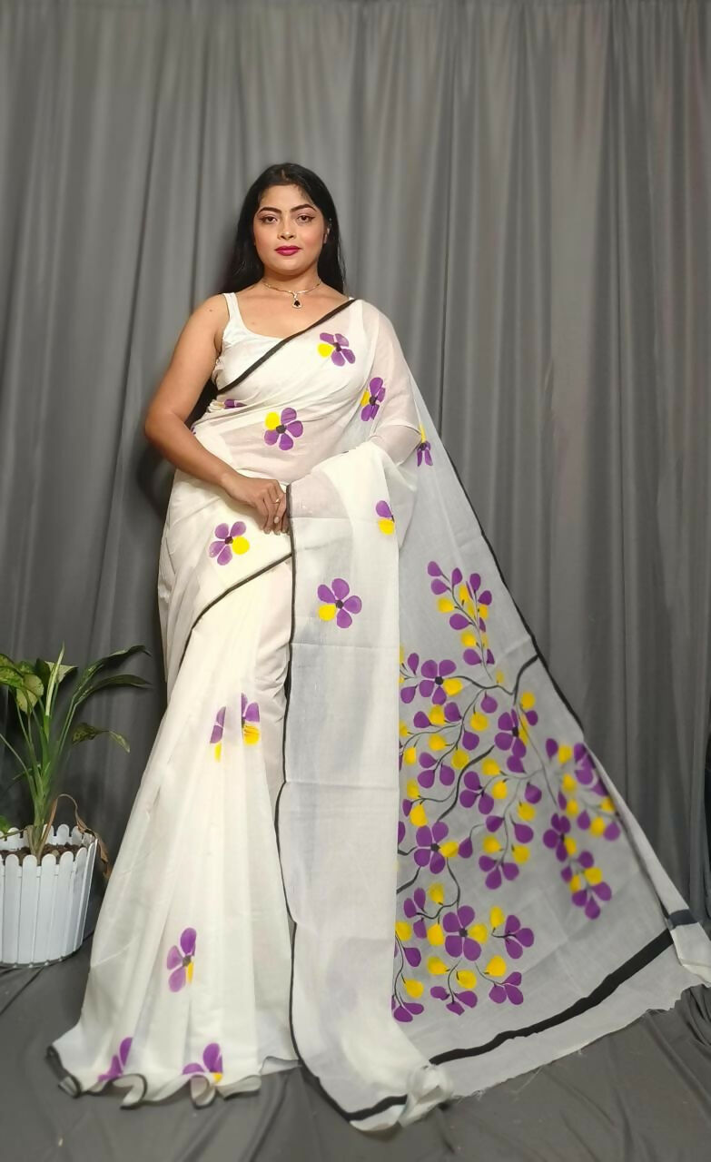 Exclusive Collection Beautiful White Purple Pure Cotton Hand Print Handloom Saree With Running Blouse Piece