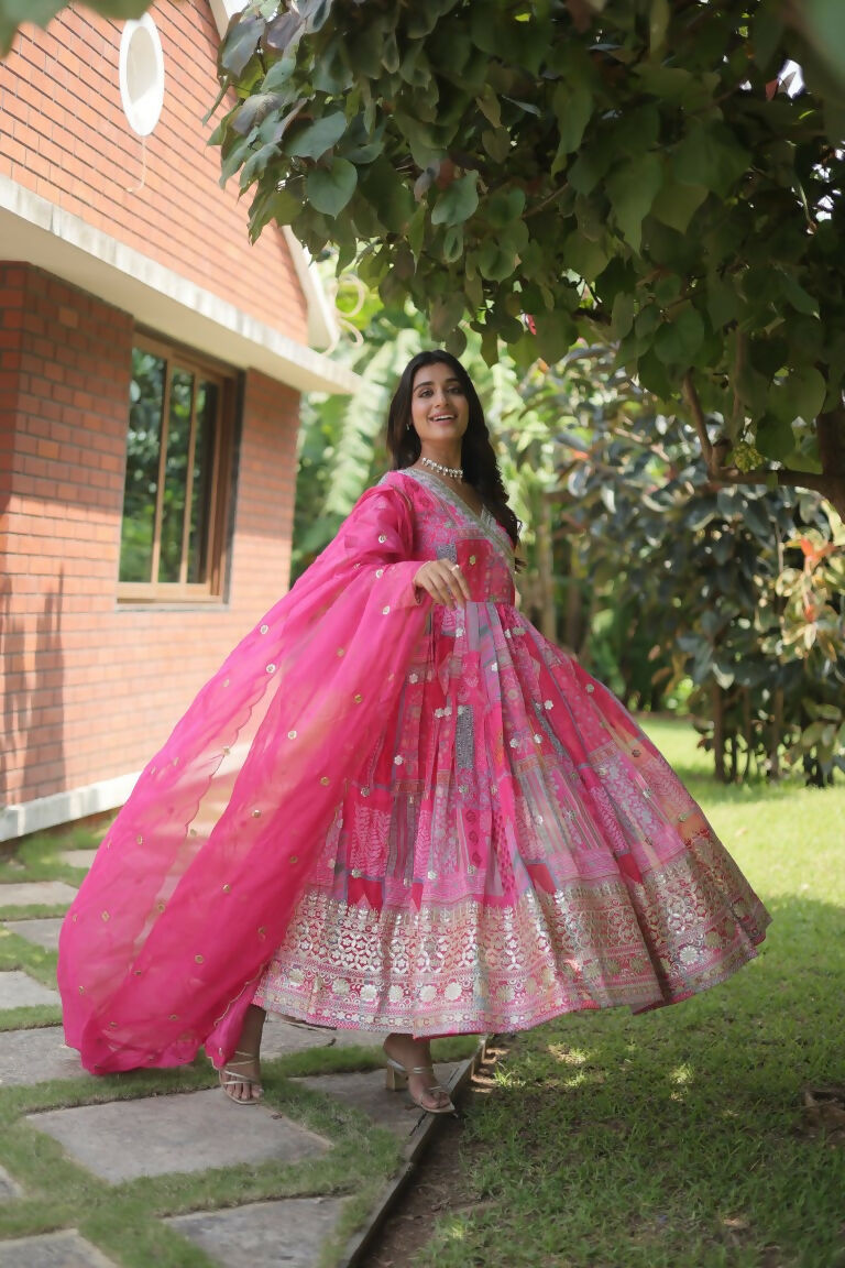 Jyoti Fashion Women's Pink Russian Silk Digital Print with Embroidered Anarkali Dress with Dupatta