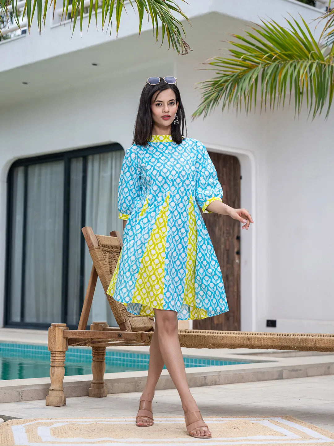 Yufta Sky Blue & Lime Green Pure Cotton Colour blocking Dress