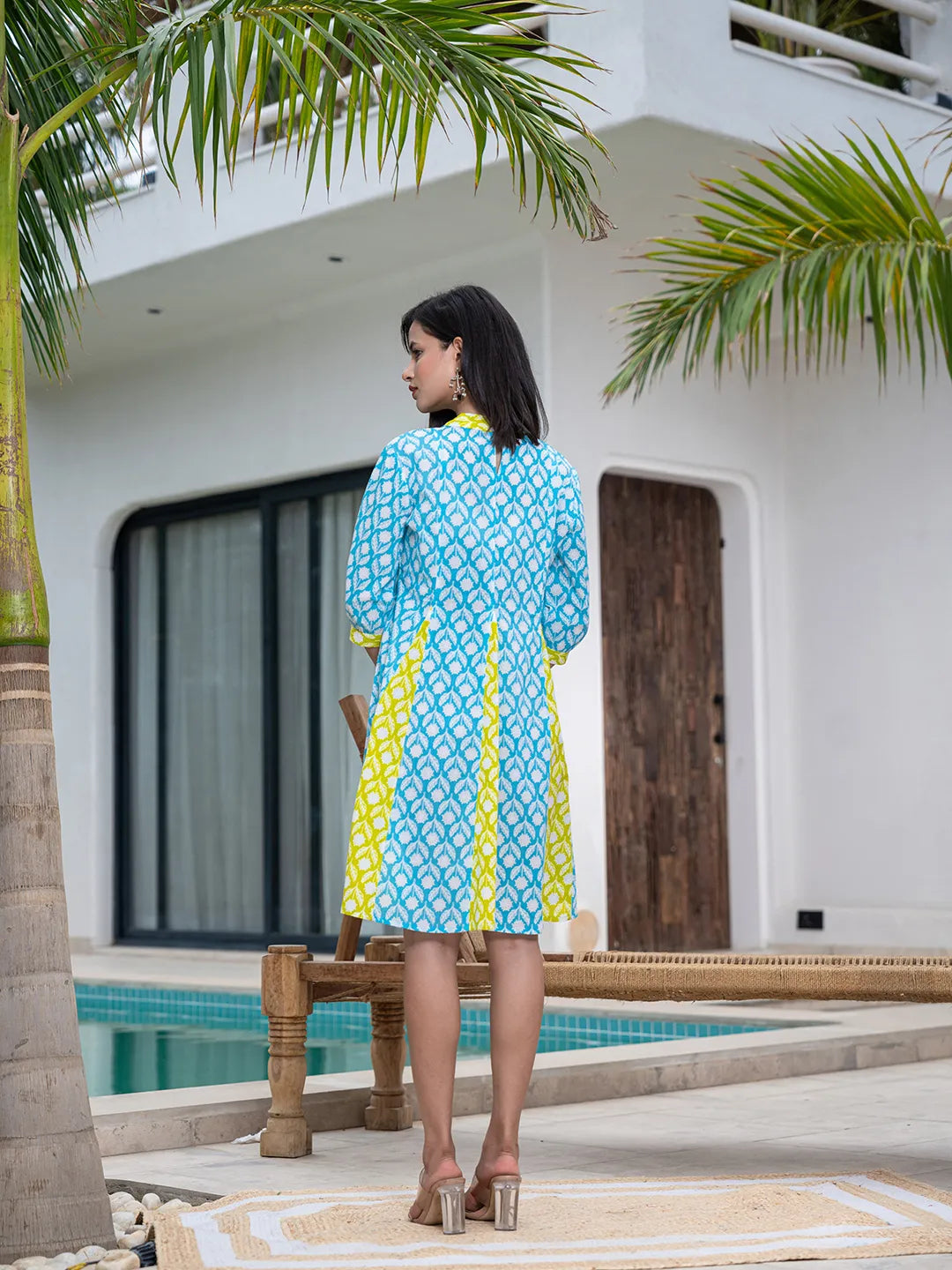 Yufta Sky Blue & Lime Green Pure Cotton Colour blocking Dress