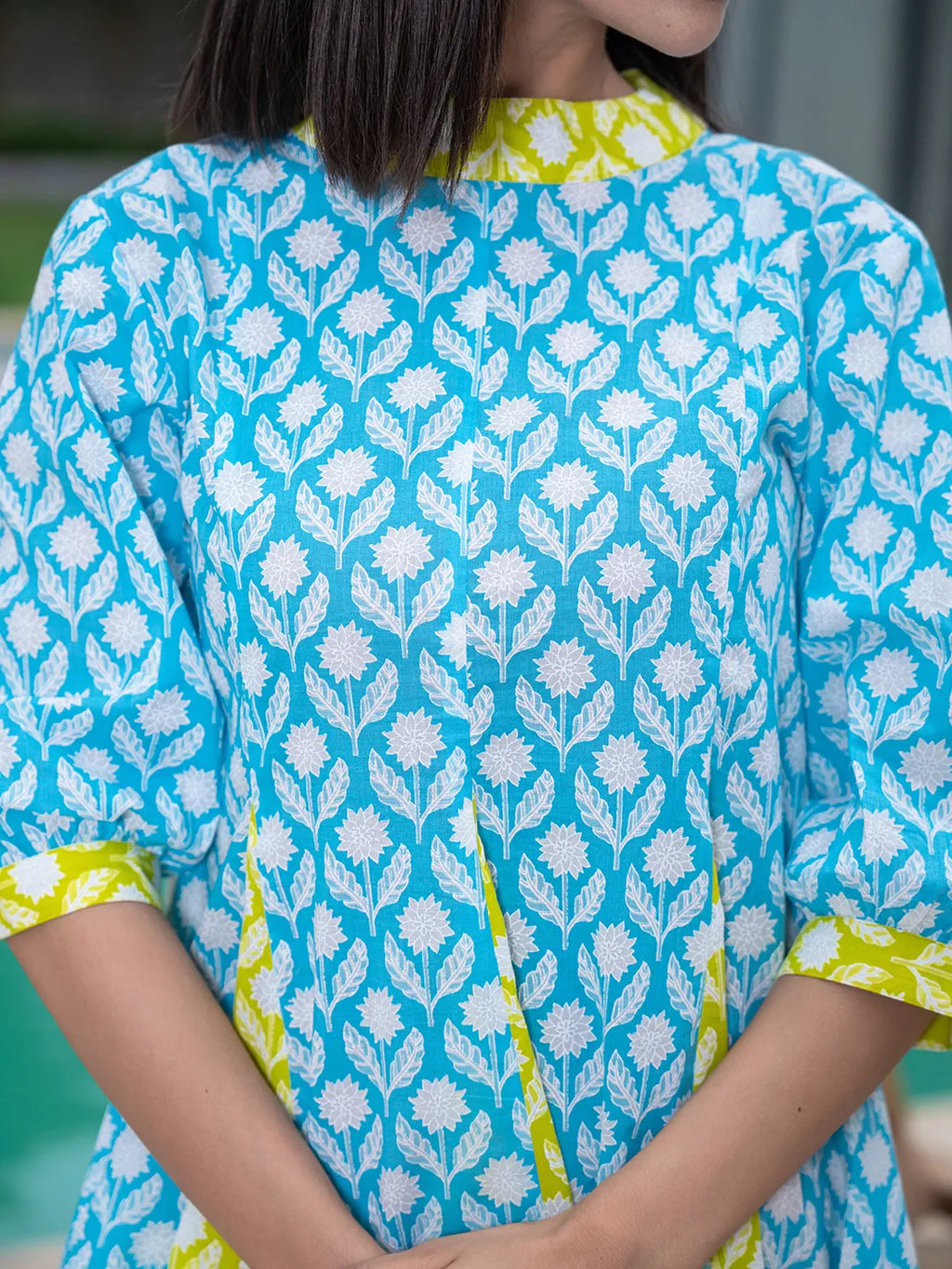 Yufta Sky Blue & Lime Green Pure Cotton Colour blocking Dress
