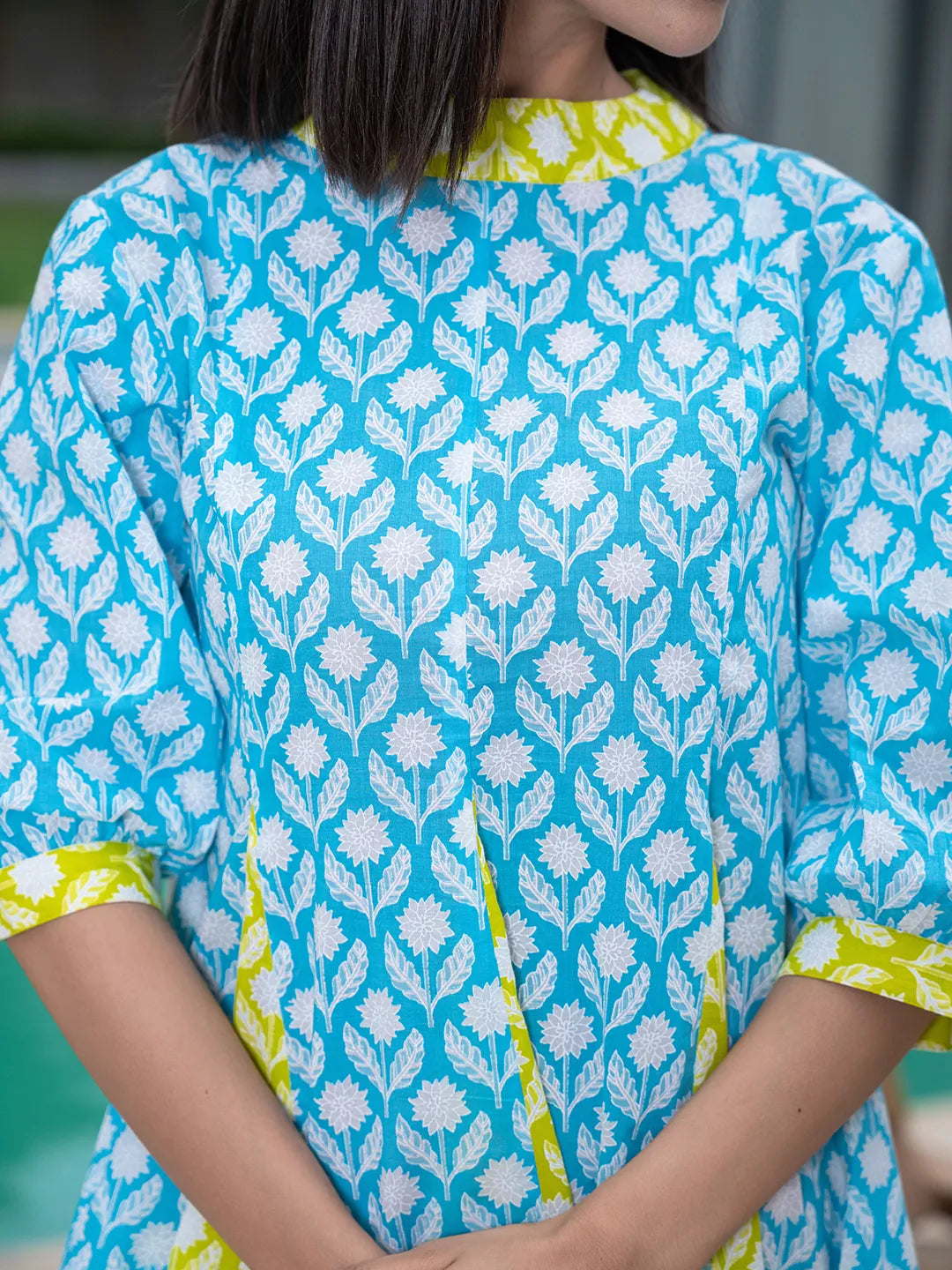 Yufta Sky Blue & Lime Green Pure Cotton Colour blocking Dress