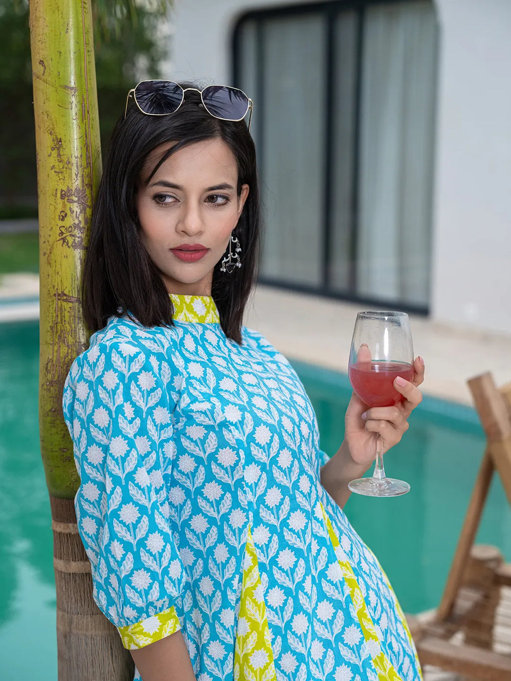 Yufta Sky Blue & Lime Green Pure Cotton Colour blocking Dress