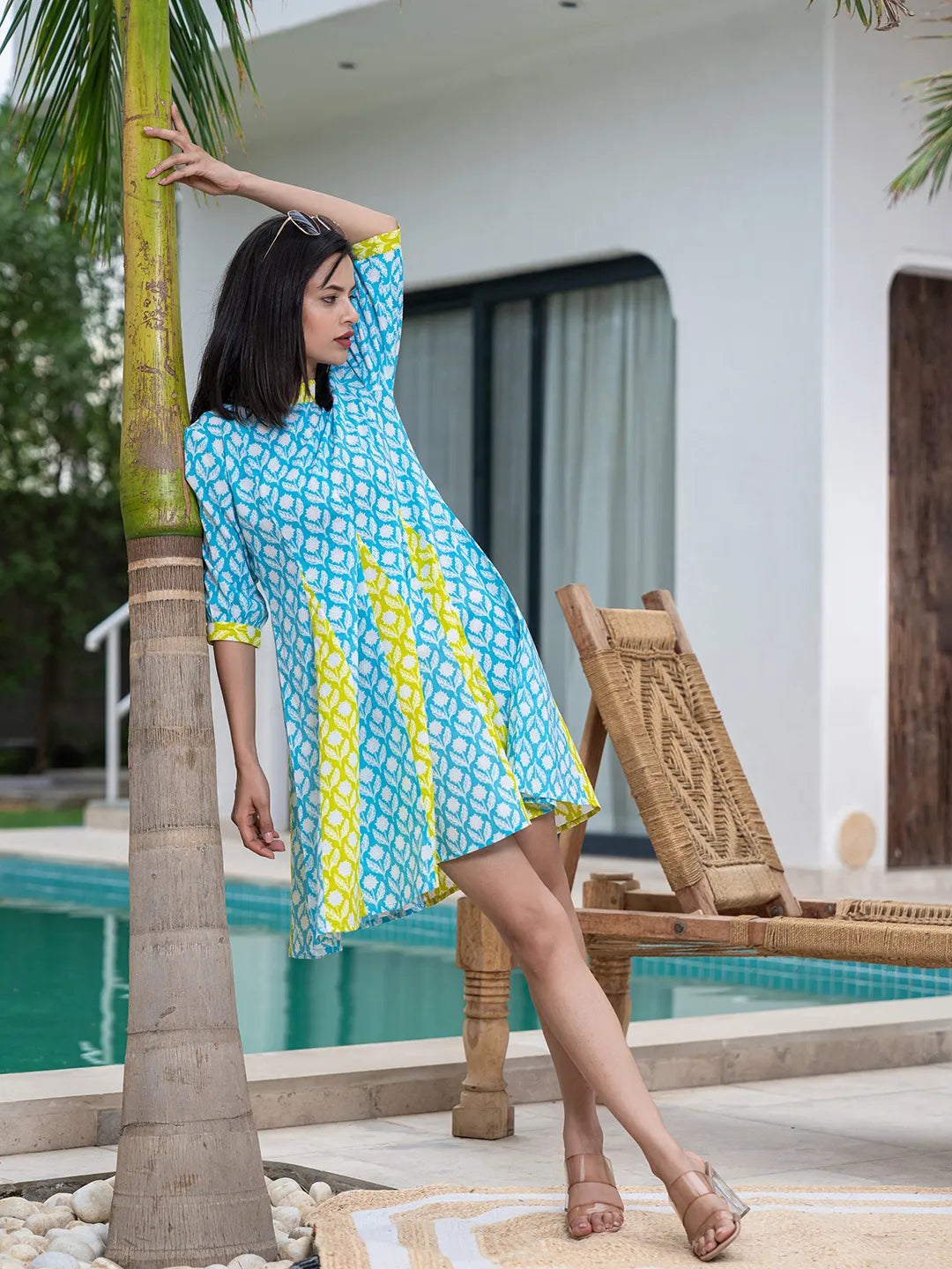 Yufta Sky Blue & Lime Green Pure Cotton Colour blocking Dress