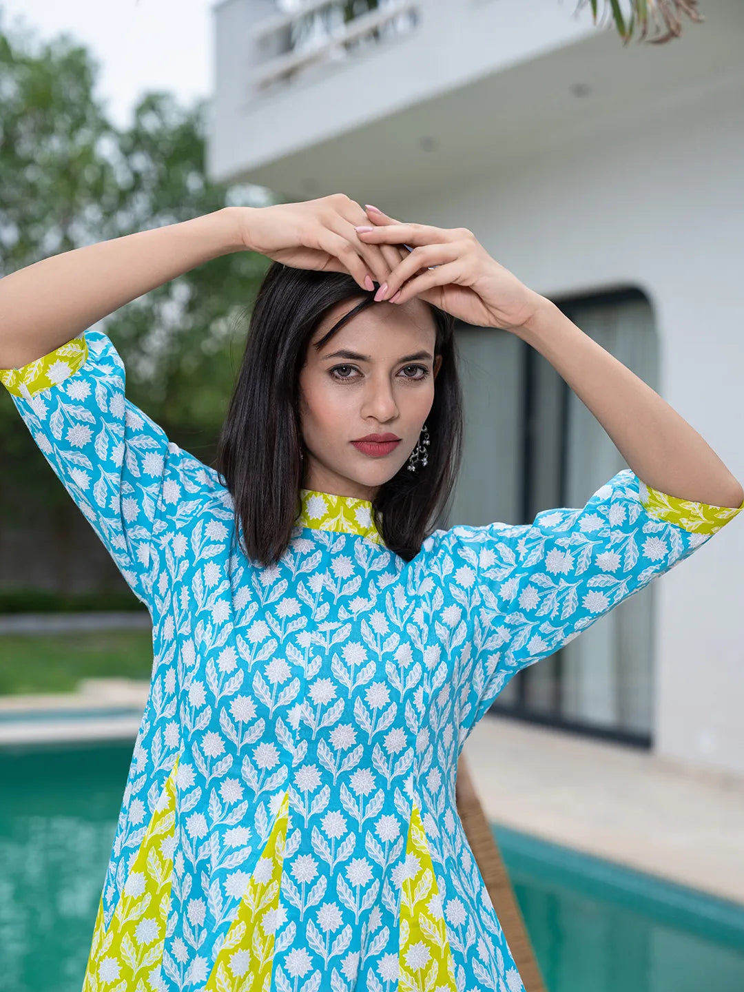 Yufta Sky Blue & Lime Green Pure Cotton Colour blocking Dress