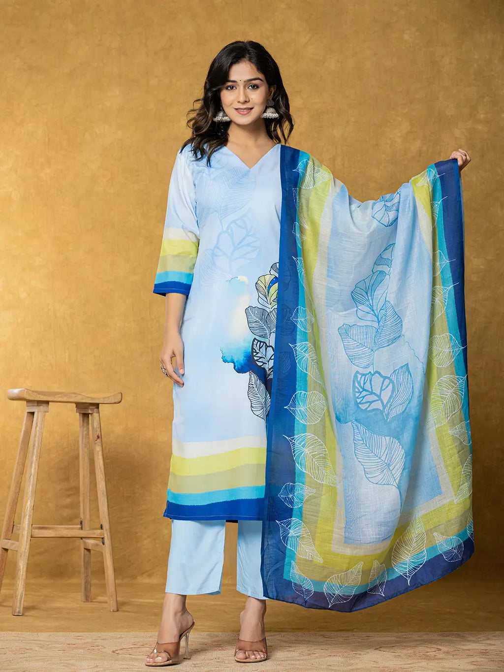 Yufta Sky Blue Linen Floral Kurta Dupatta Pant Set