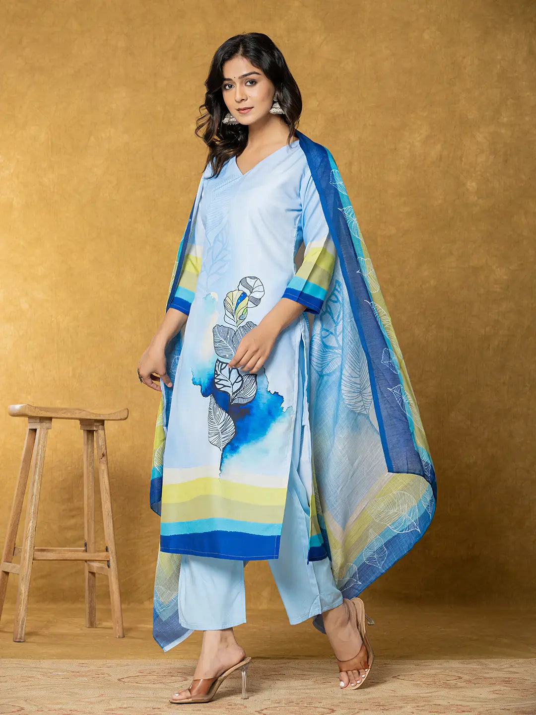 Yufta Sky Blue Linen Floral Kurta Dupatta Pant Set
