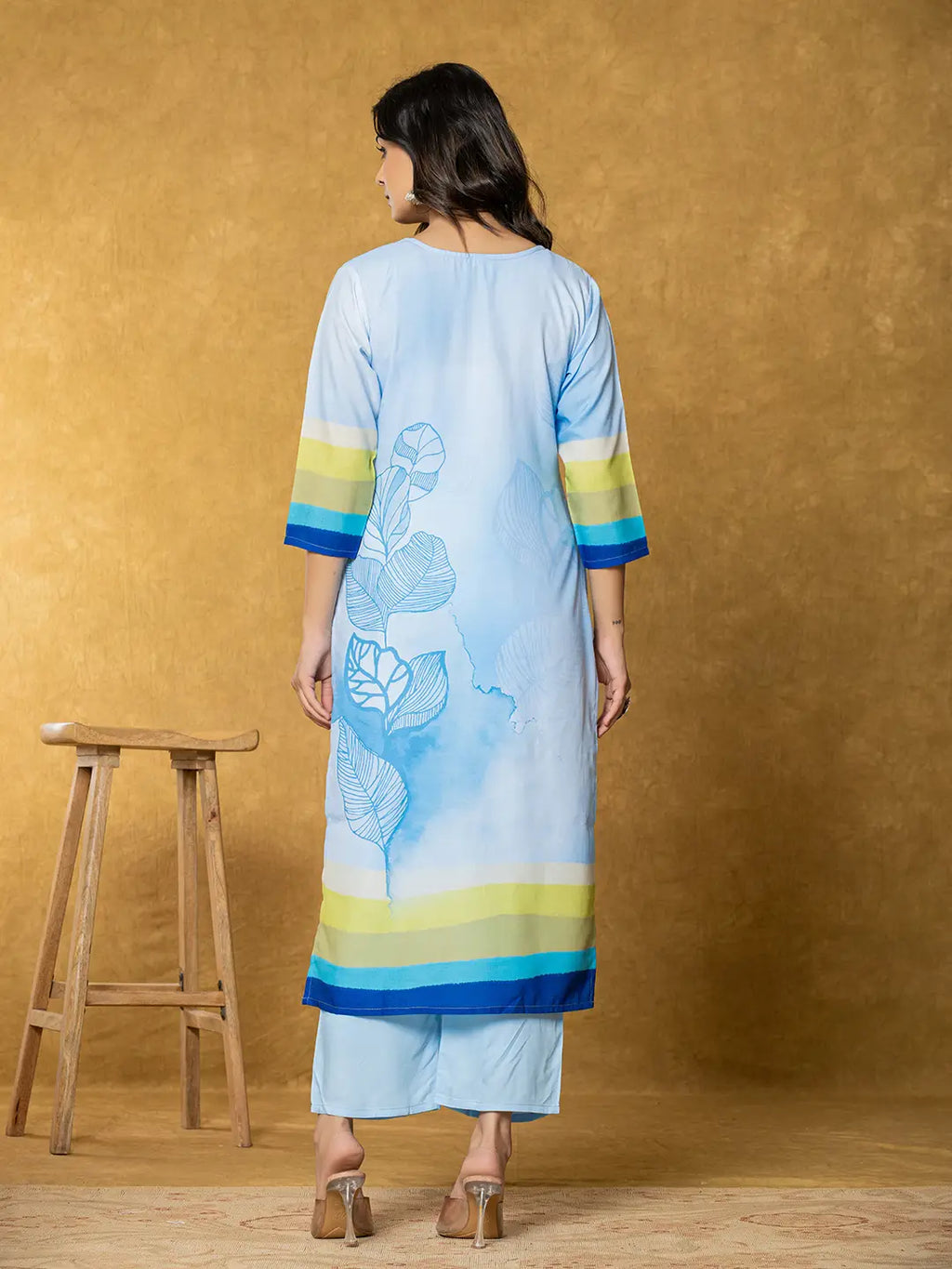 Yufta Sky Blue Linen Floral Kurta Dupatta Pant Set
