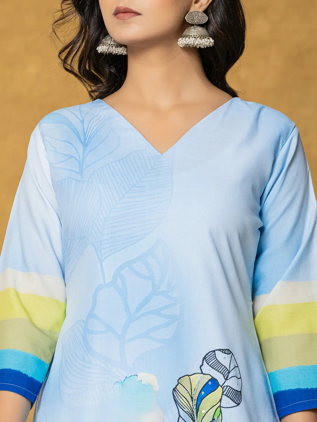 Yufta Sky Blue Linen Floral Kurta Dupatta Pant Set