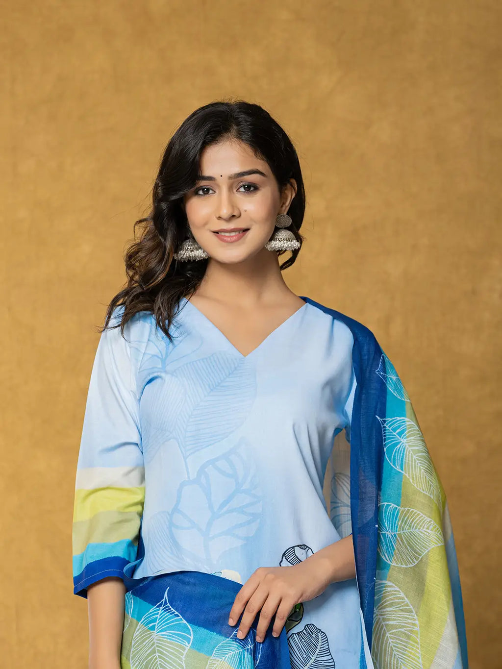 Yufta Sky Blue Linen Floral Kurta Dupatta Pant Set