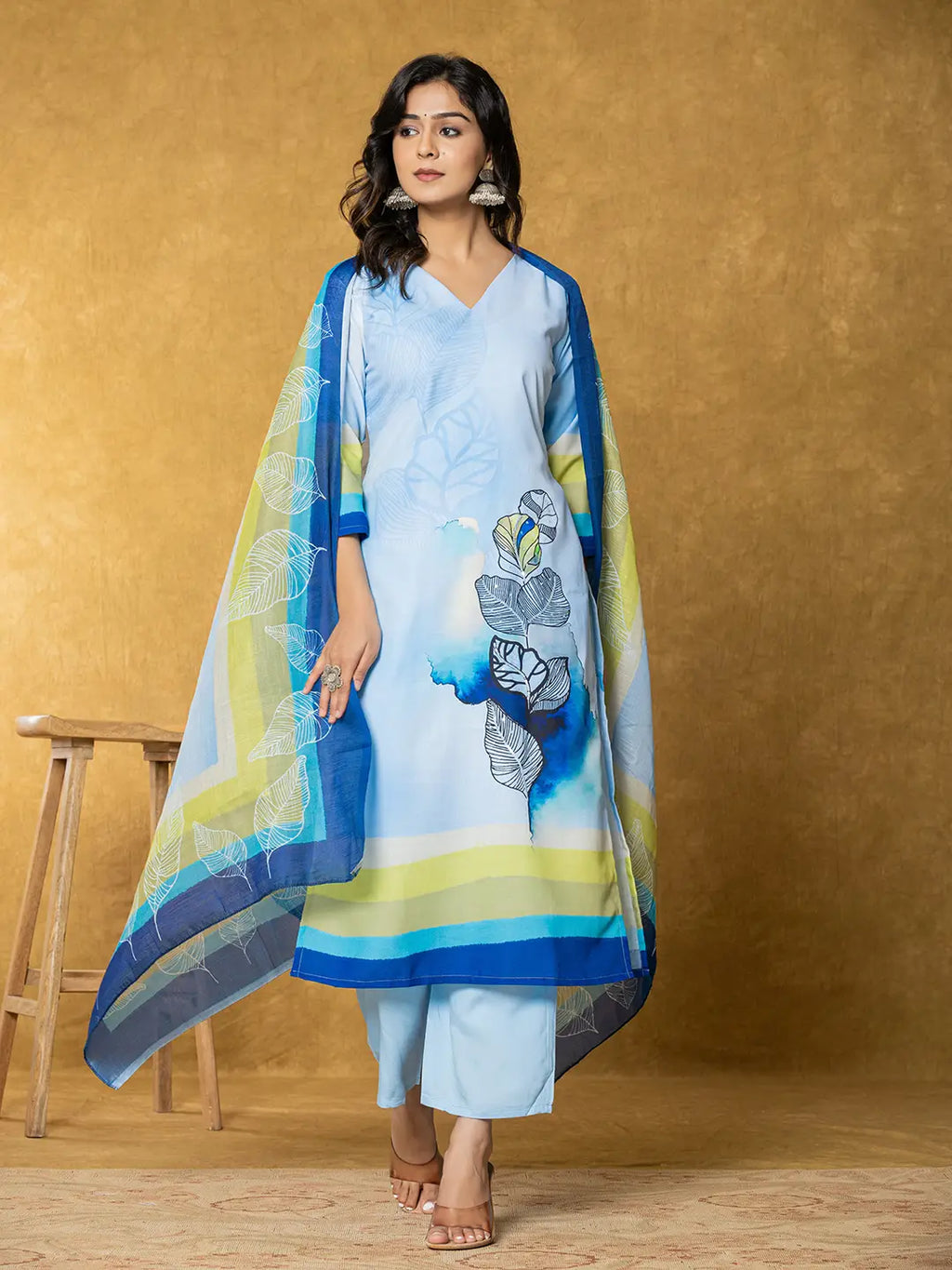 Yufta Sky Blue Linen Floral Kurta Dupatta Pant Set