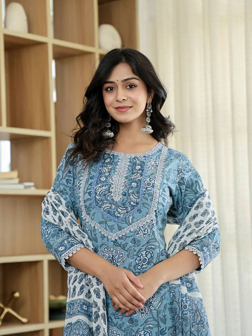 Yufta Sky Blue Pure Cotton Straight Kurta Dupatta Set With Lacework