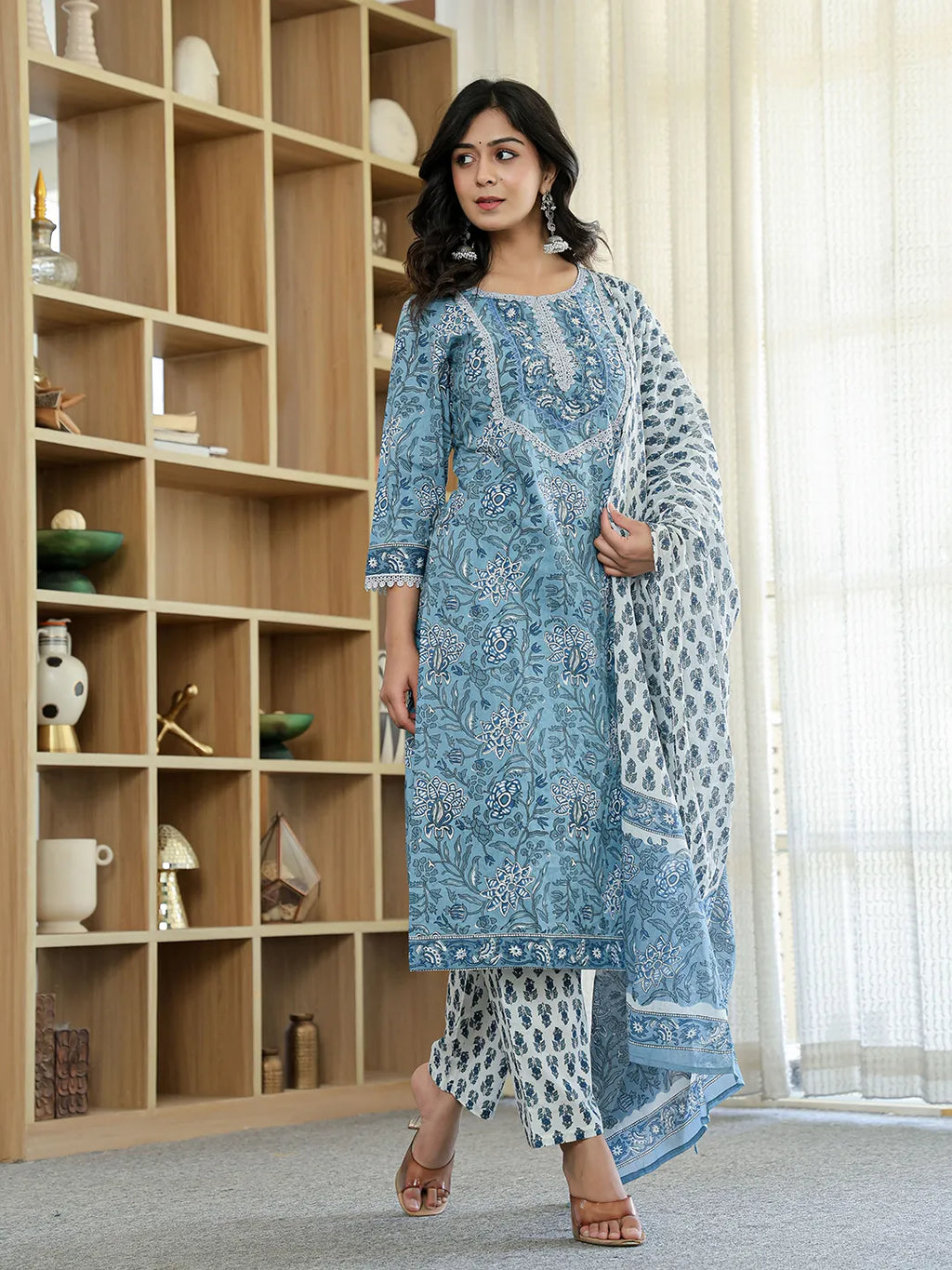 Yufta Sky Blue Pure Cotton Straight Kurta Dupatta Set With Lacework