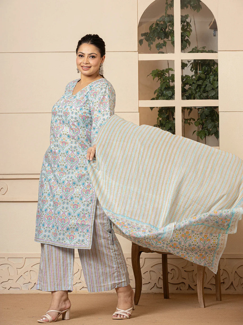 Yufta Sky Blue Pure Cotton Straight Plus Size Kurta With Palazzo Dupatta Set