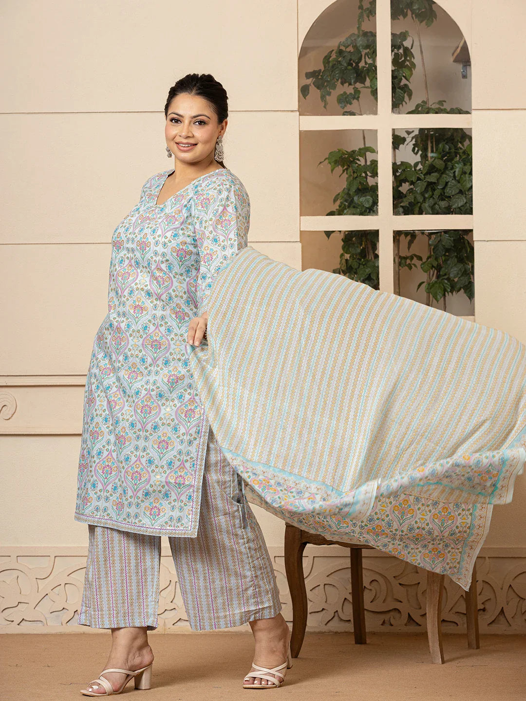 Yufta Sky Blue Pure Cotton Straight Plus Size Kurta With Palazzo Dupatta Set