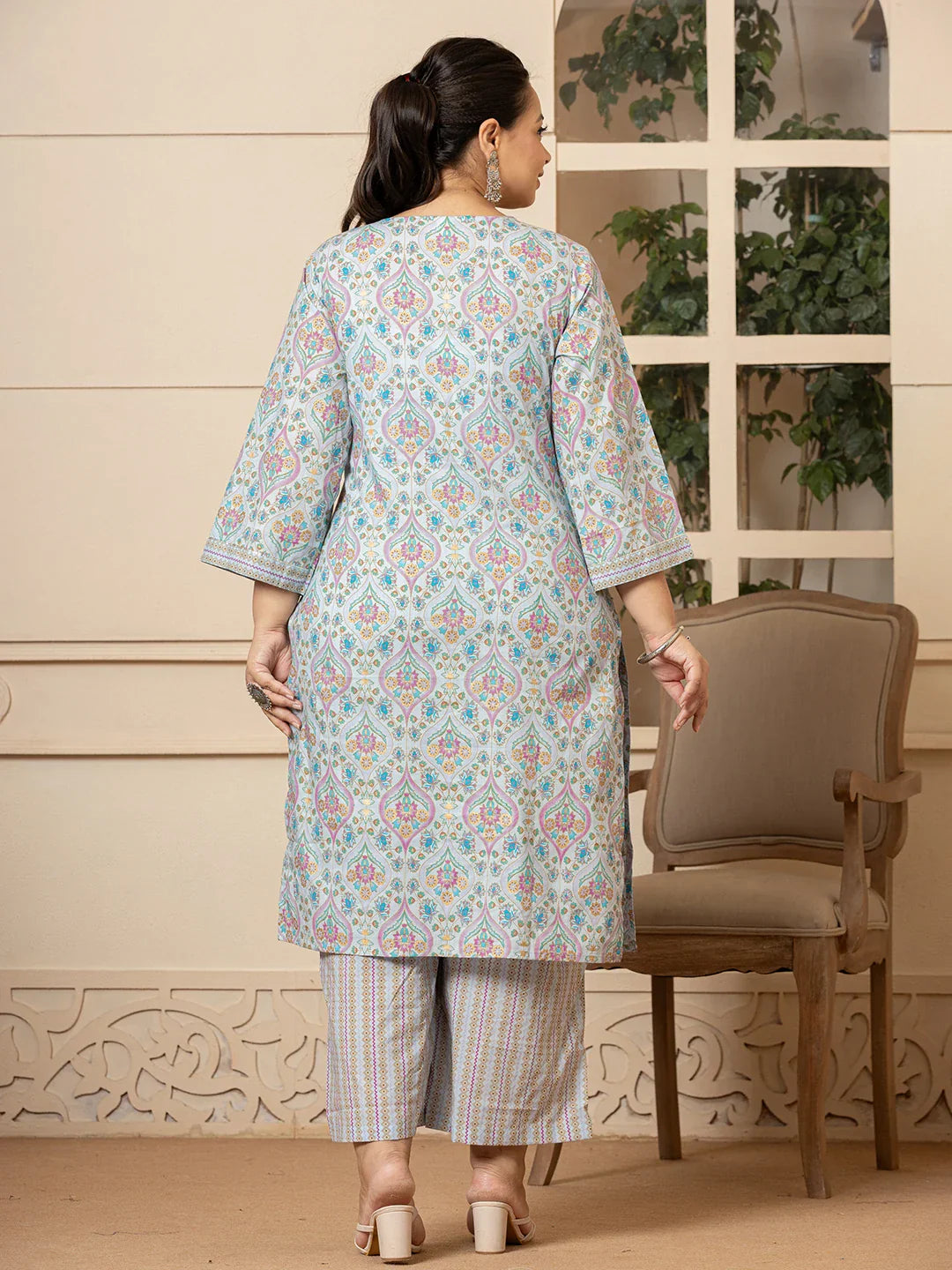Yufta Sky Blue Pure Cotton Straight Plus Size Kurta With Palazzo Dupatta Set