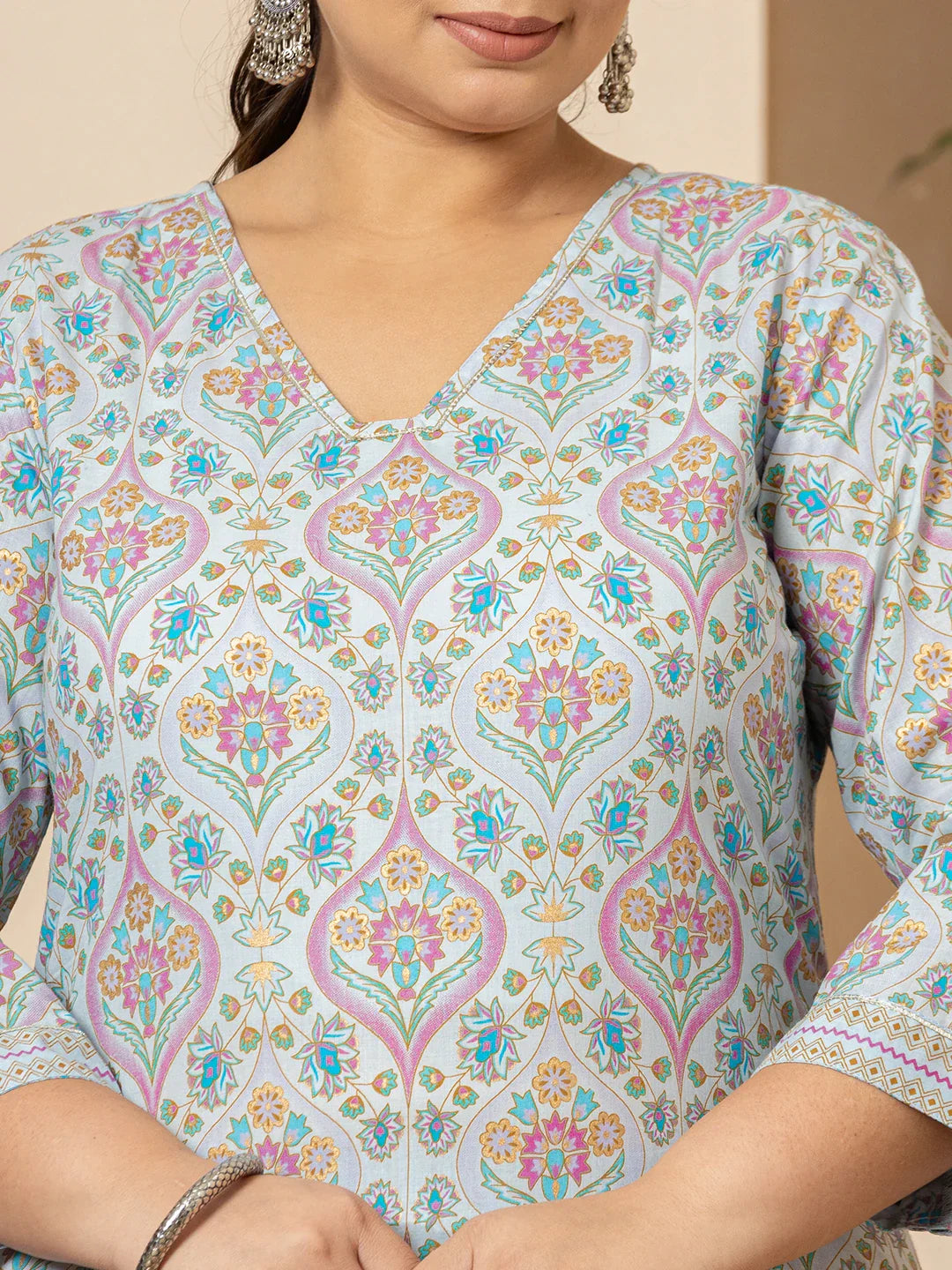 Yufta Sky Blue Pure Cotton Straight Plus Size Kurta With Palazzo Dupatta Set