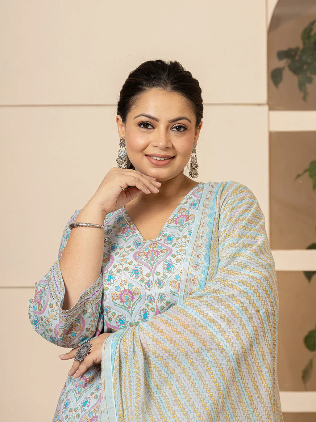 Yufta Sky Blue Pure Cotton Straight Plus Size Kurta With Palazzo Dupatta Set