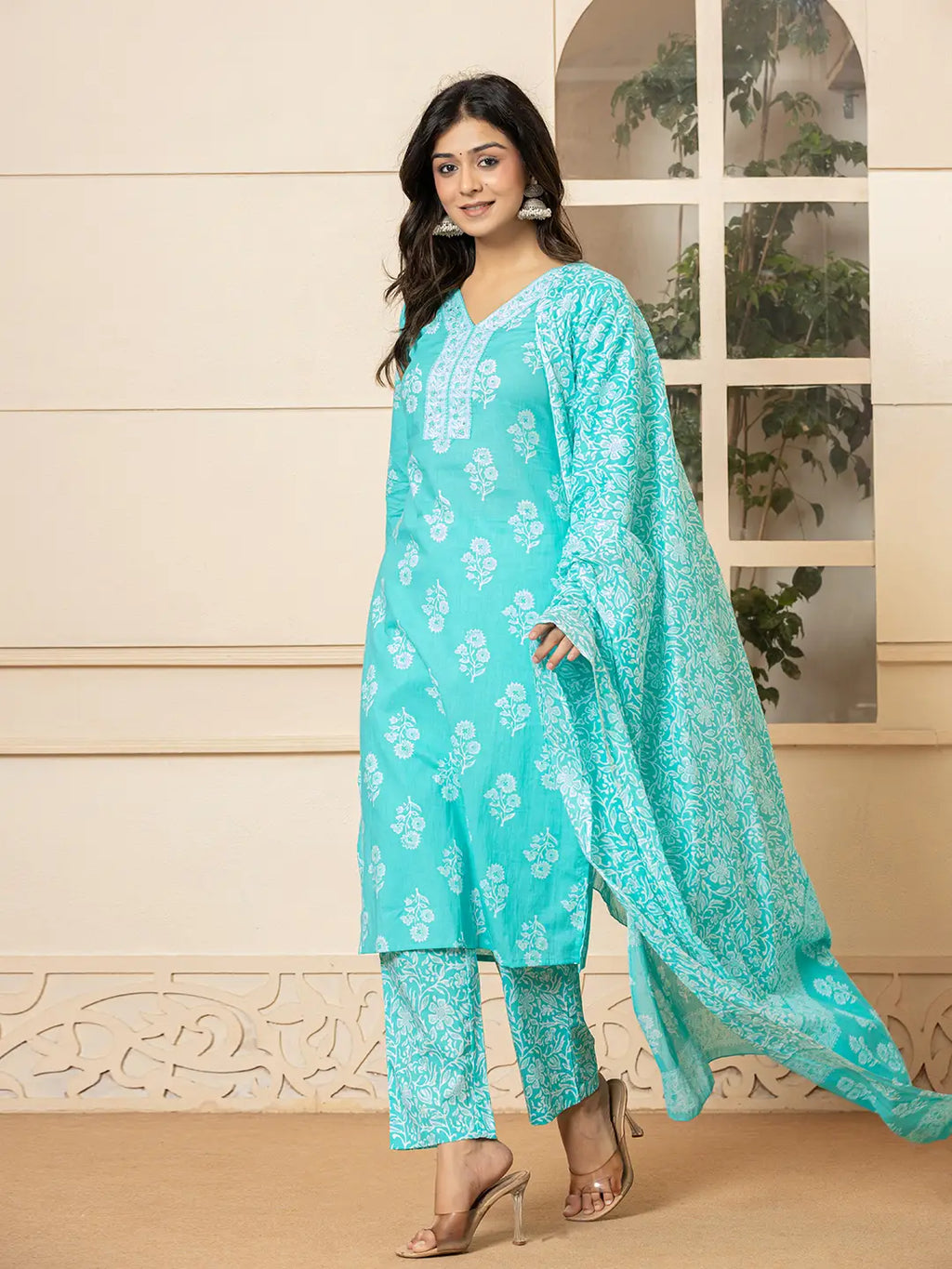Yufta Sky Blue Sequins_Work Pure Cotton Straight Kurta Dupatta Set