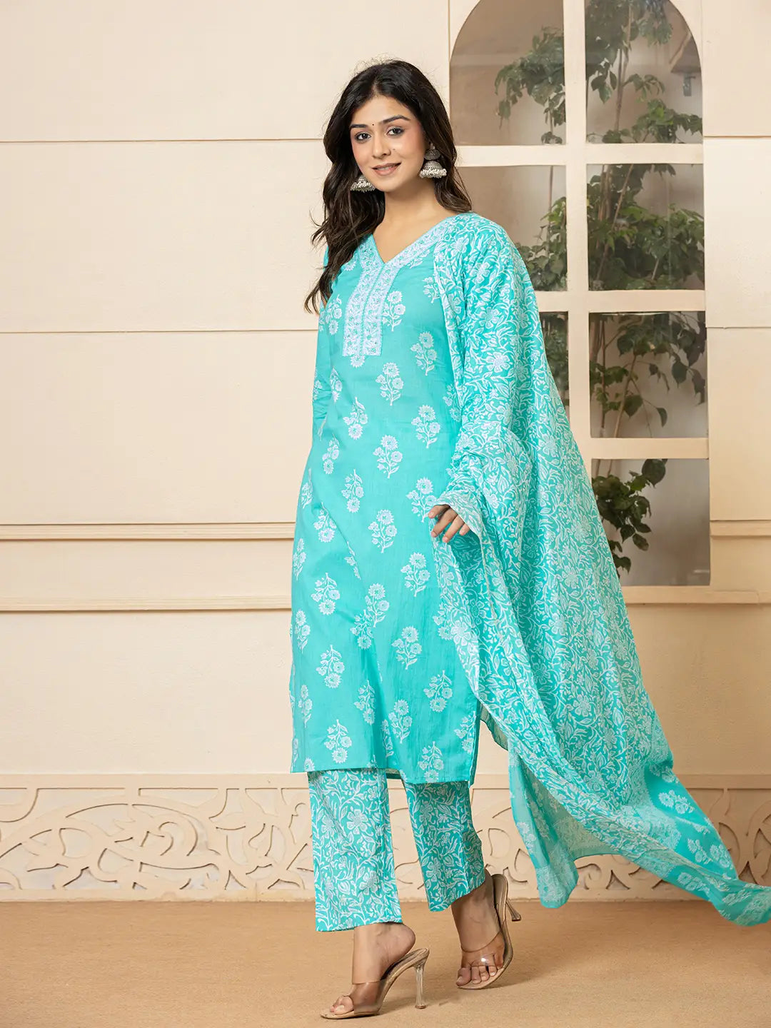 Yufta Sky Blue Sequins_Work Pure Cotton Straight Kurta Dupatta Set