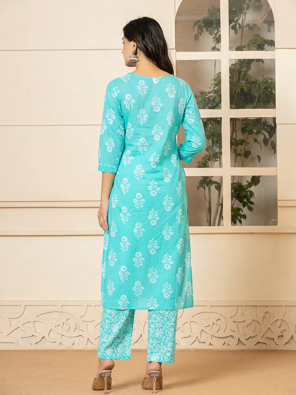 Yufta Sky Blue Sequins_Work Pure Cotton Straight Kurta Dupatta Set