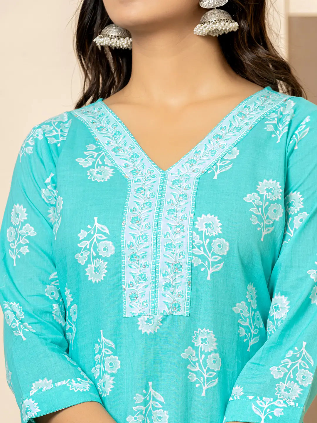 Yufta Sky Blue Sequins_Work Pure Cotton Straight Kurta Dupatta Set
