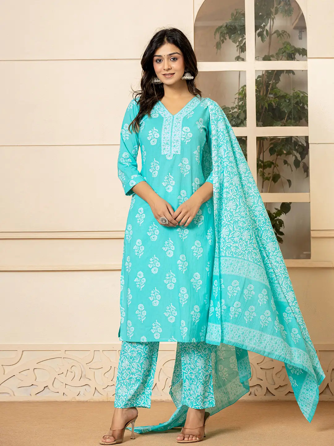 Yufta Sky Blue Sequins_Work Pure Cotton Straight Kurta Dupatta Set
