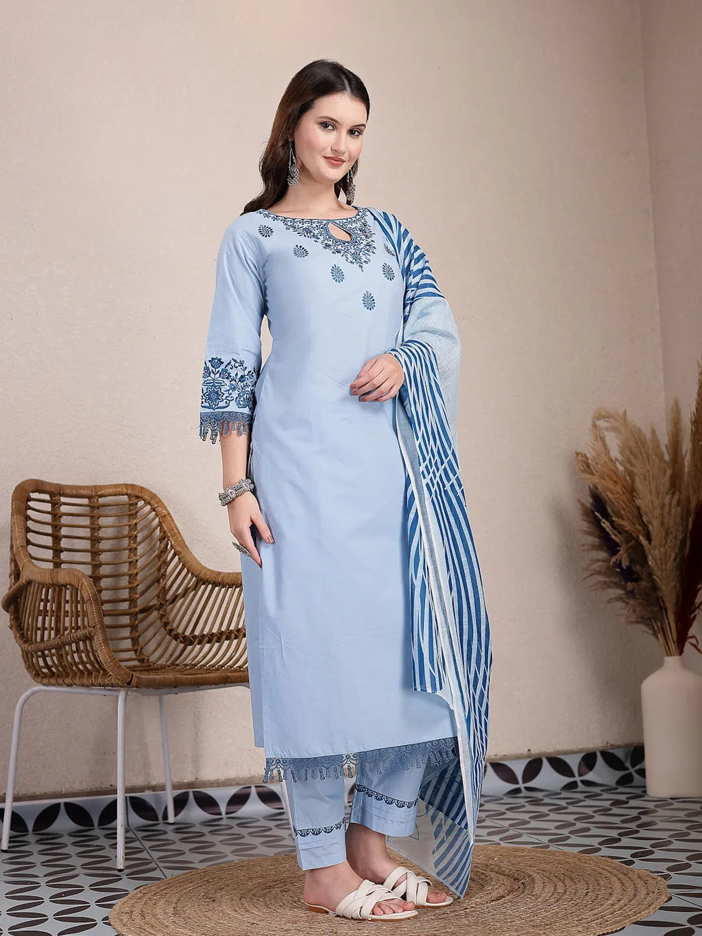 Yufta Sky Blue Solid Thread Work Straight Kurta Trouser Dupatta Set