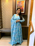 Dishitha Creation Women Floral Printed Designer Gown - Sky Blue