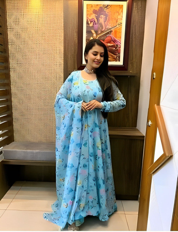 Dishitha Creation Women Floral Printed Designer Gown - Sky Blue