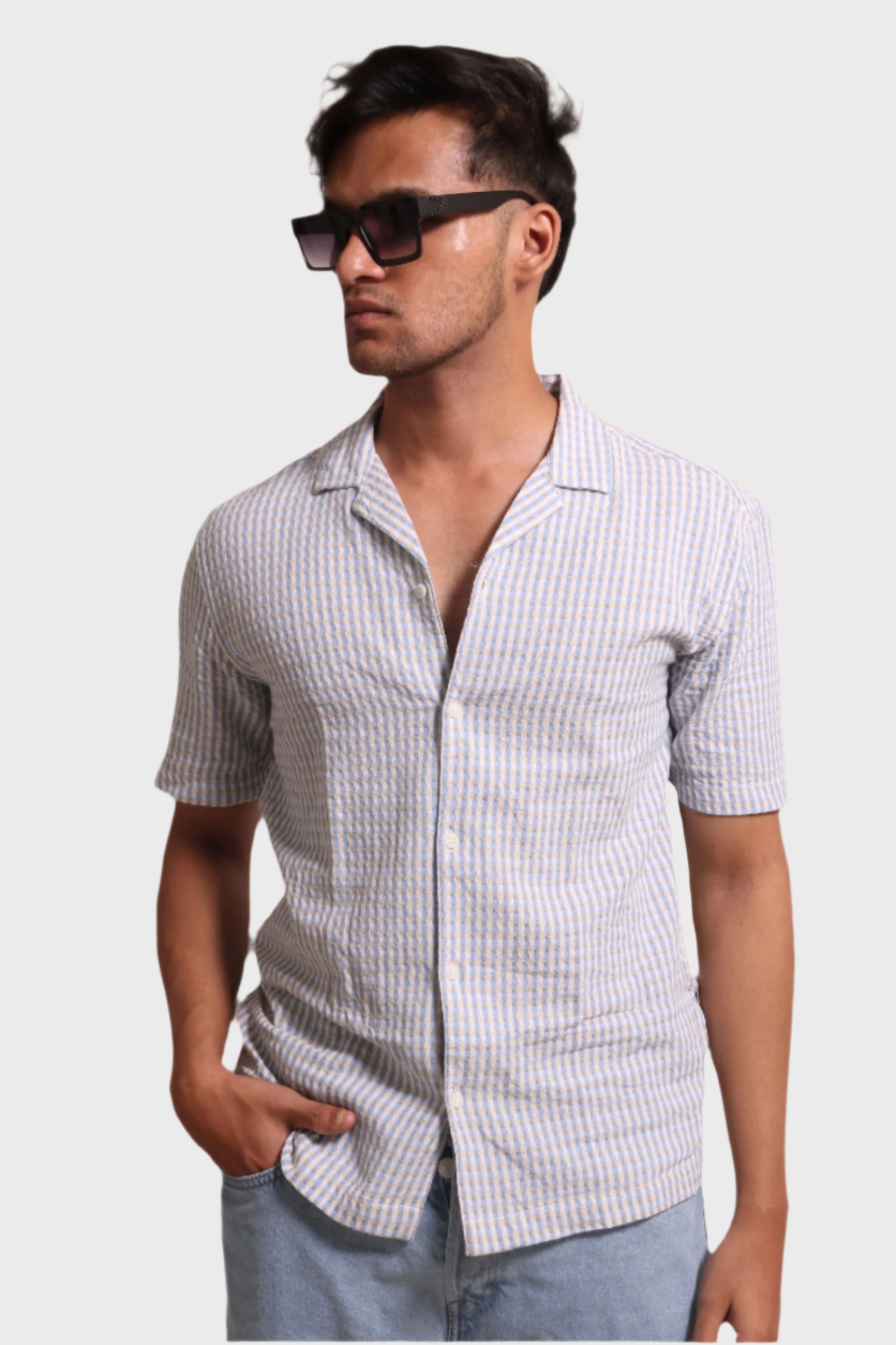 Jonesburg Men's Light Blue Textured Fine Checks Relaxed Fit