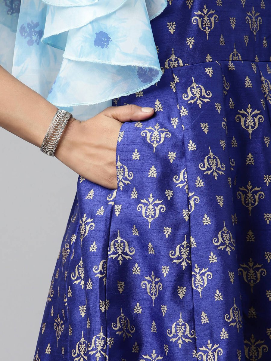 Ahalyaa Women Royal Blue Poly Silk Gold Paste Printed Dress