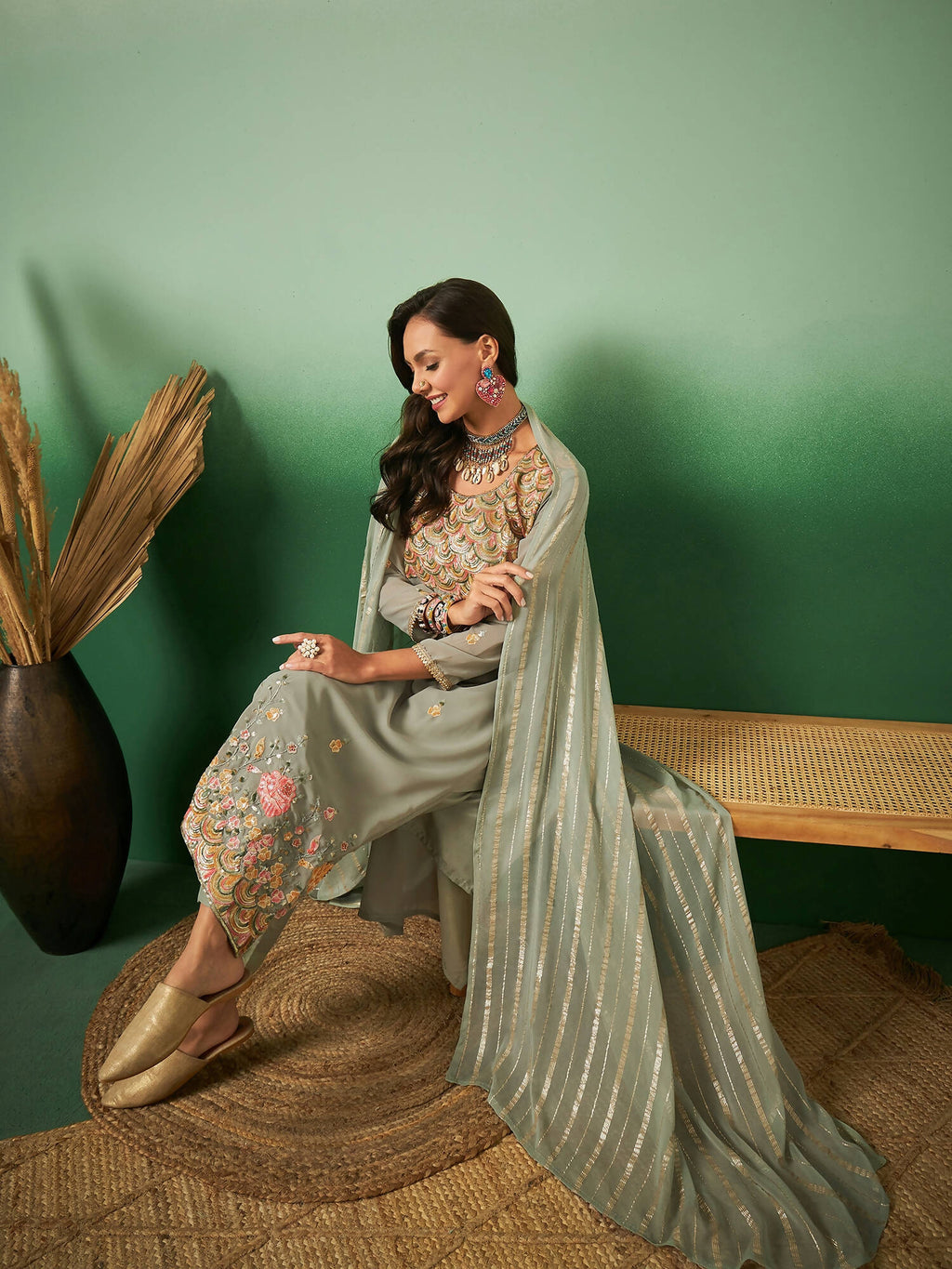 Light Green Georgette Handwork Unstitched Dress Material - Hanika