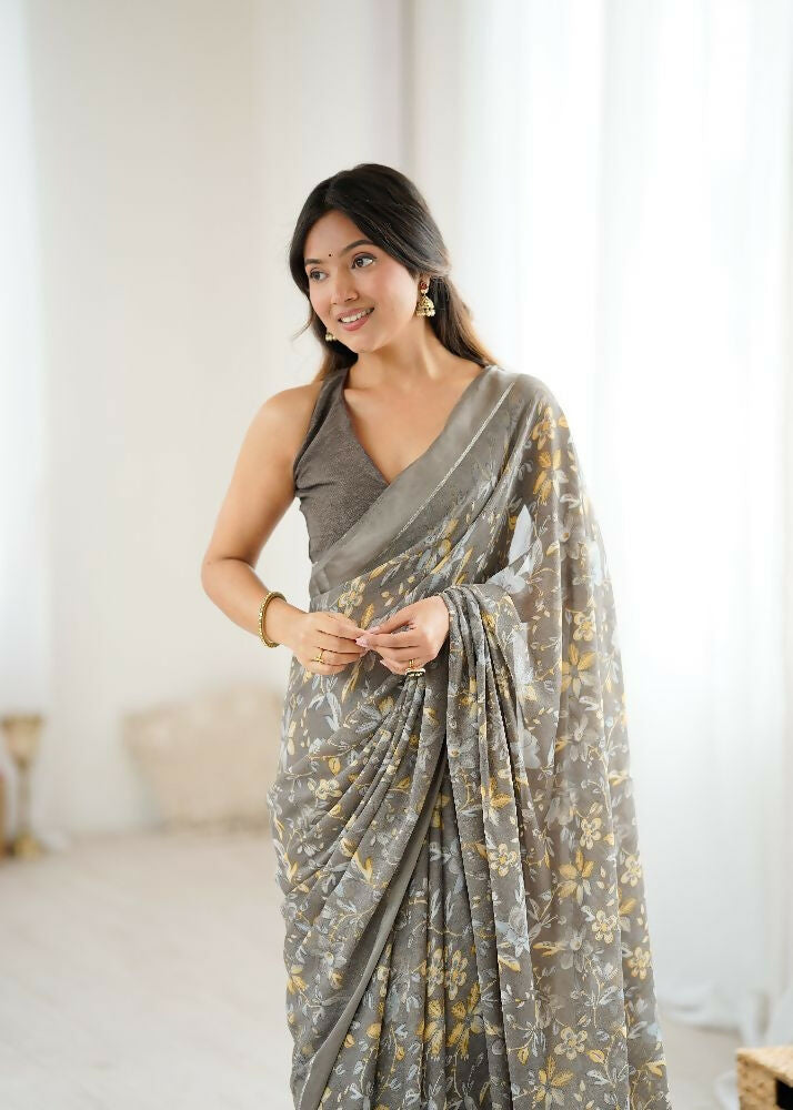 PR Fashion Grey Bright Moss Satin Patta Printed Saree