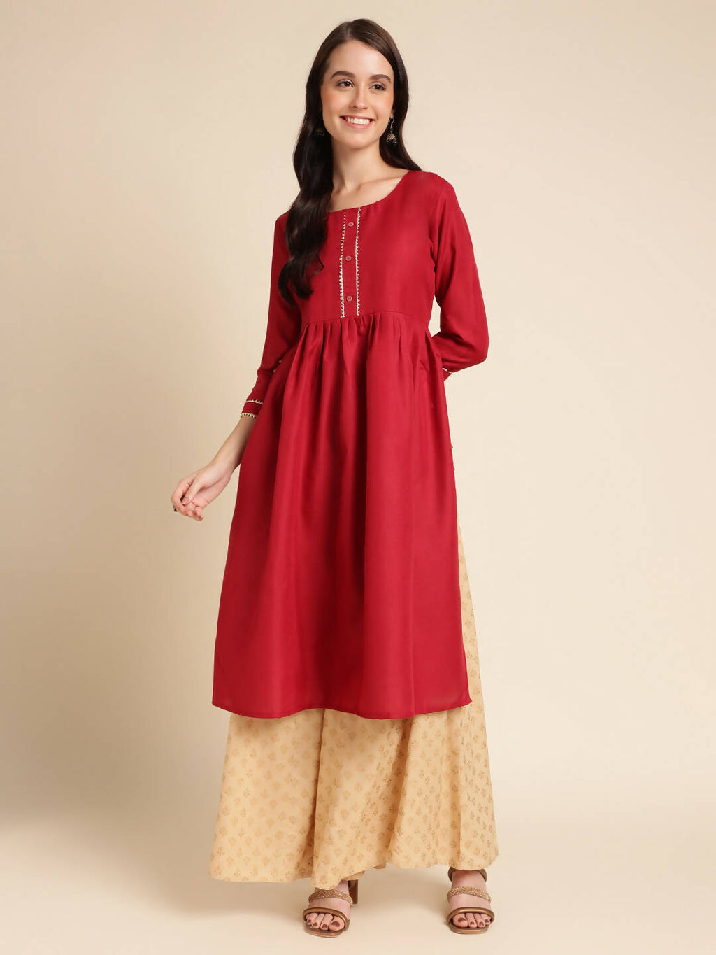 Red Poly Cotton Solid Nayra Cut Kurta - Tirtha
