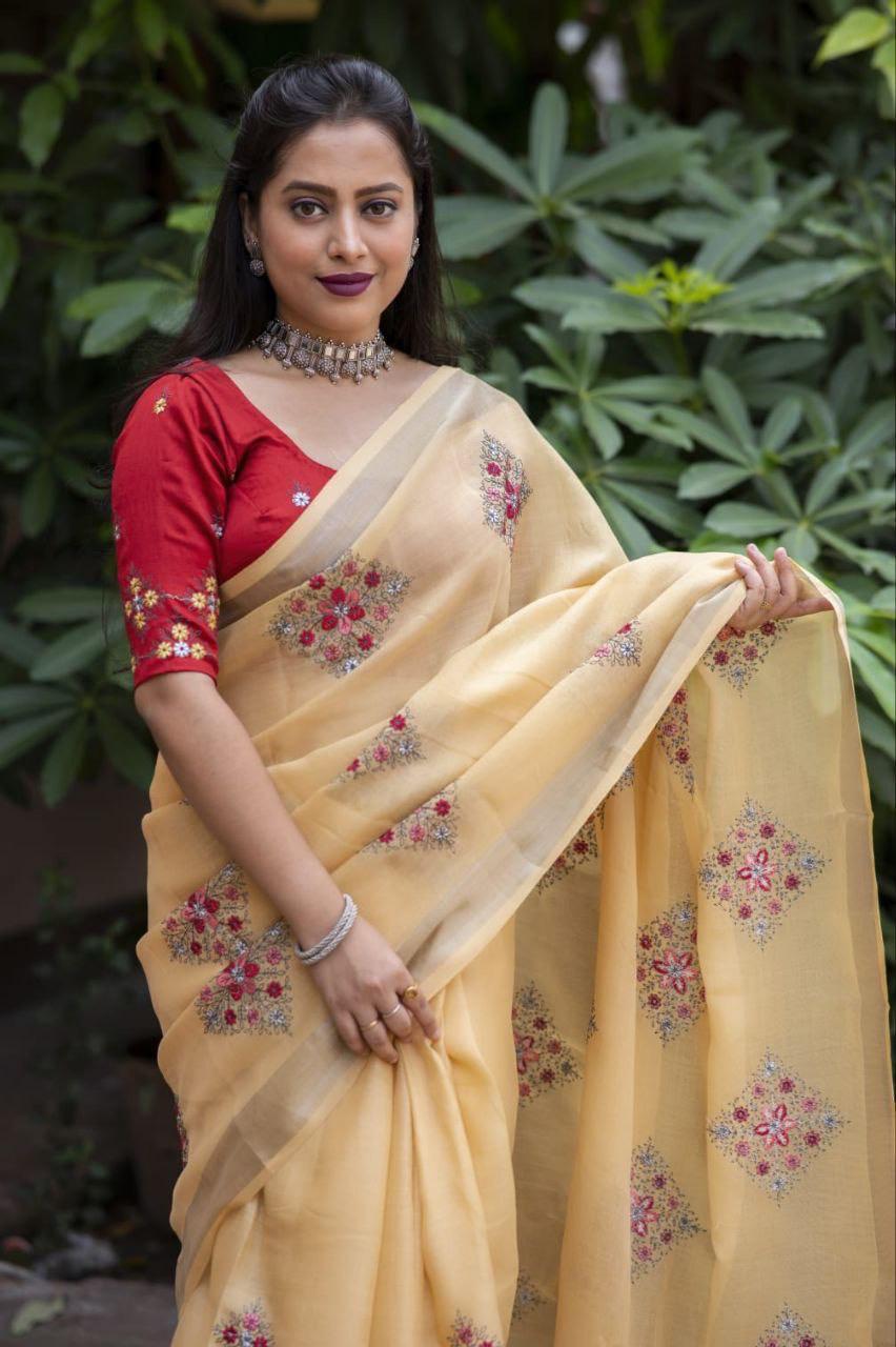 Yellow Pure Linen Ethnic Motifs Saree with Unstitched Blouse - Hiral Fashion