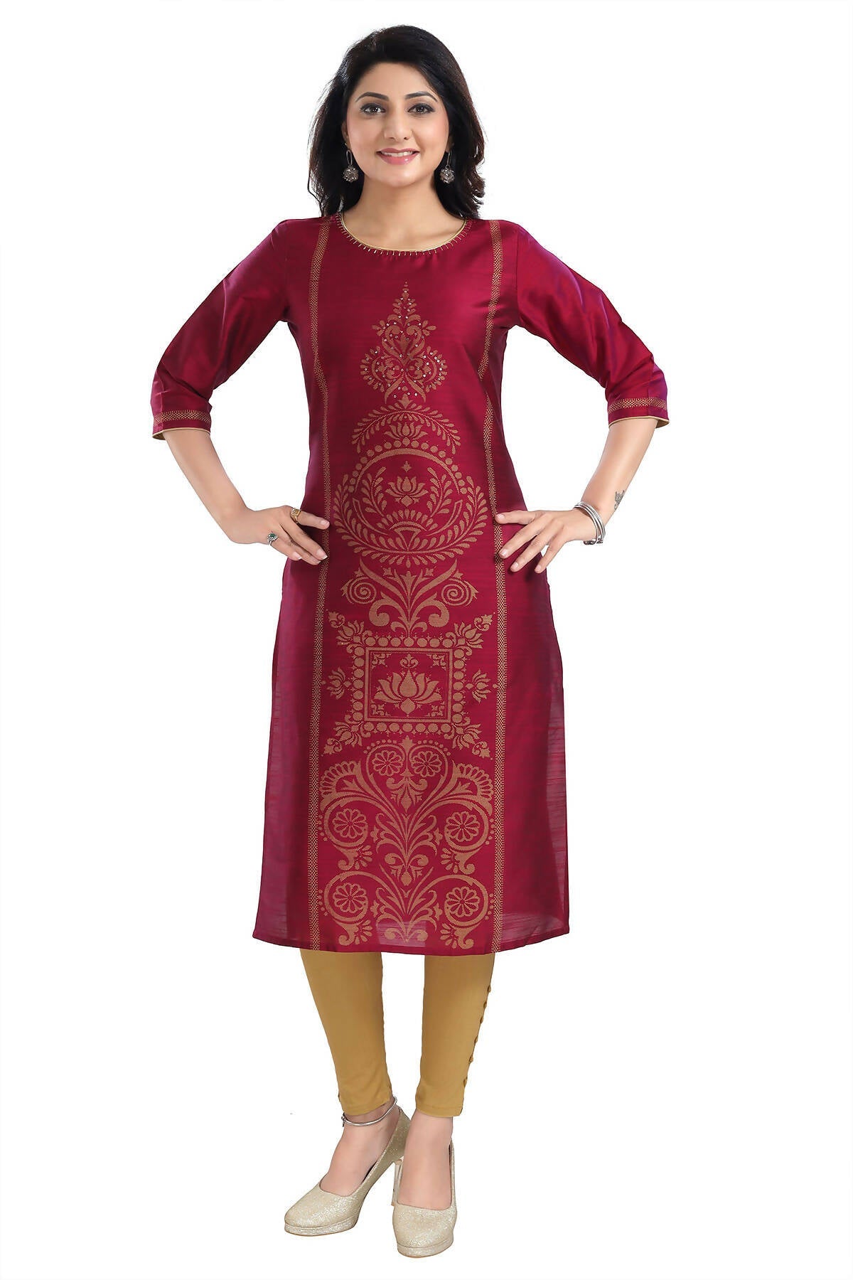 Snehal Creations Majenta Raw Silk Block Print Long Kurta For Women