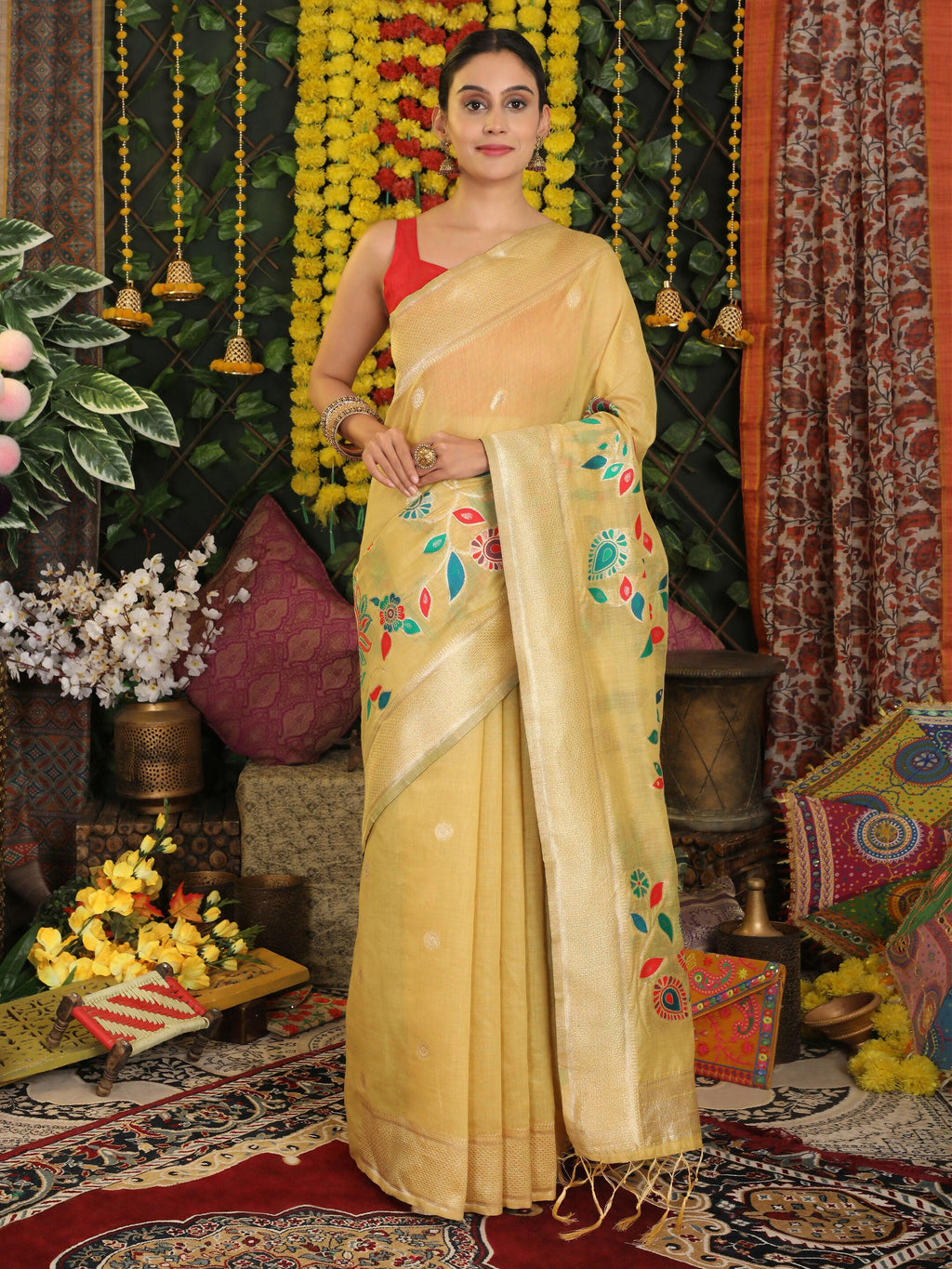Shree Shyam Fashion Linen Cotton Yellow Saree