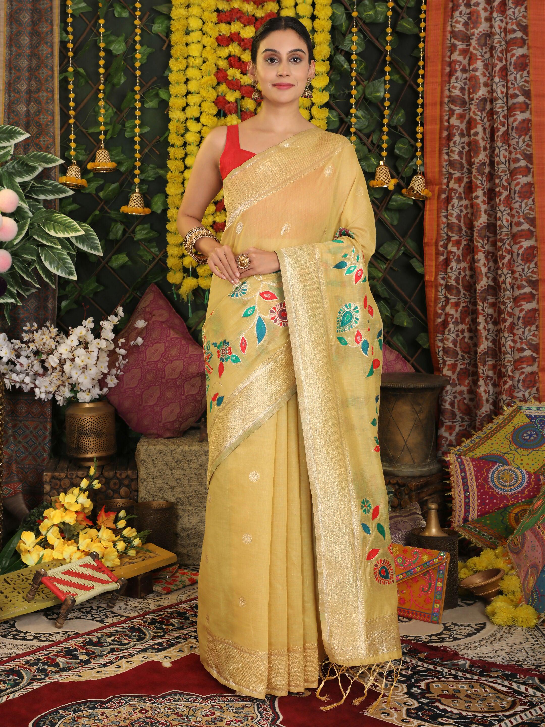 Shree Shyam Fashion Linen Cotton Yellow Saree