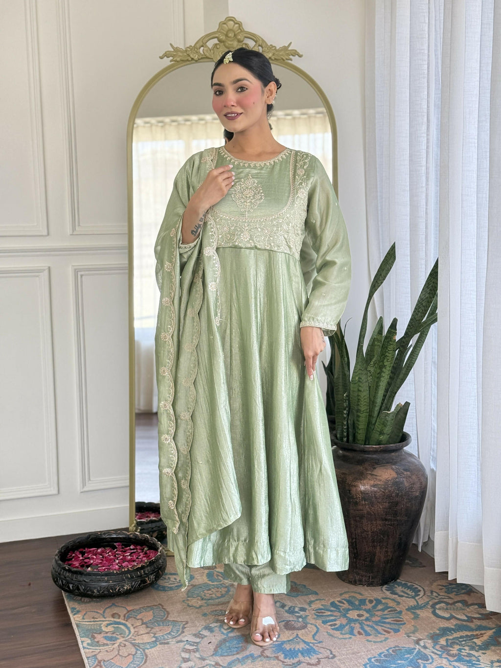 The52 Pista Women's Gorgeous Embroidered Vichitra Silk Fabric Flared Kurta Pant with Dupatta Set